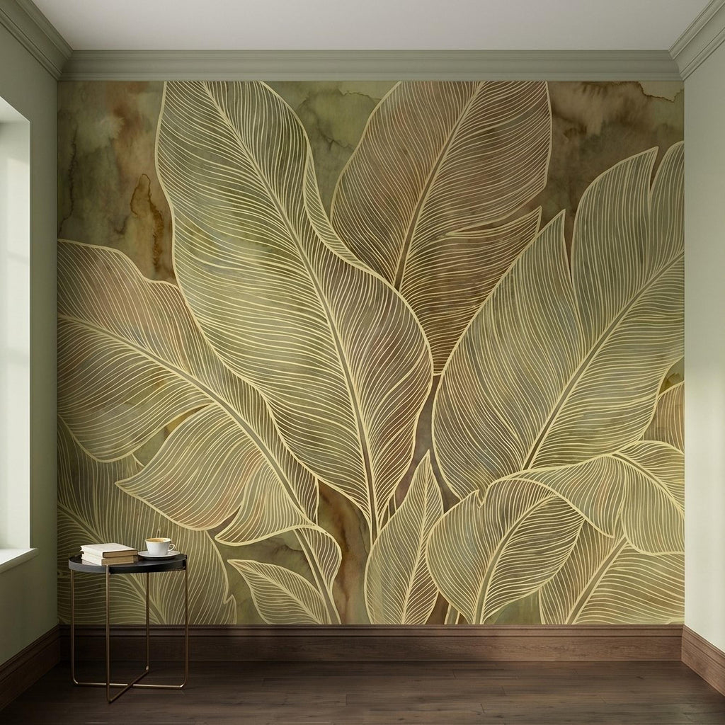 Tropical Leaf Peel and Stick Wall Mural, Neutral Botanical Line Art, Large Banana Leaves Earth Tone Modern Wallpaper