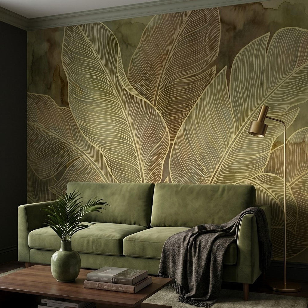 Tropical Leaf Peel and Stick Wall Mural, Neutral Botanical Line Art, Large Banana Leaves Earth Tone Modern Wallpaper