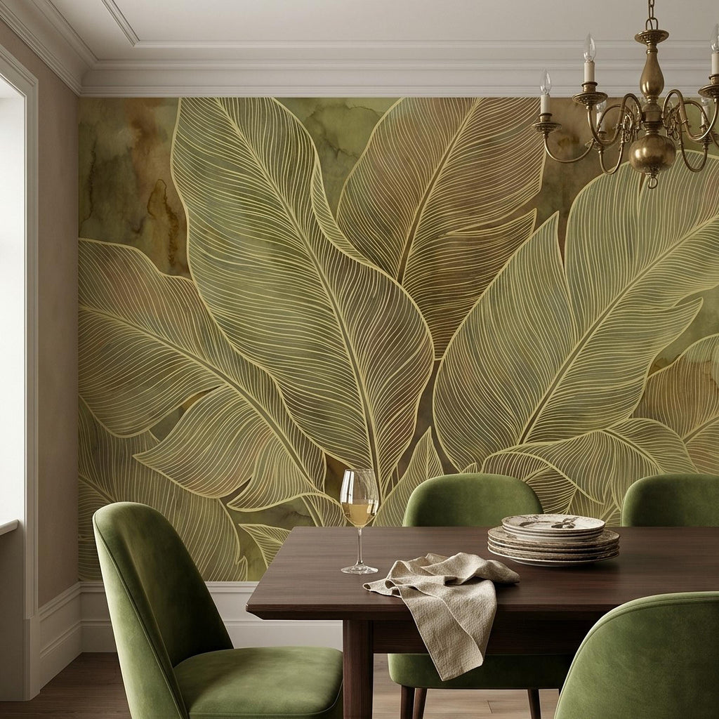 Tropical Leaf Peel and Stick Wall Mural, Neutral Botanical Line Art, Large Banana Leaves Earth Tone Modern Wallpaper
