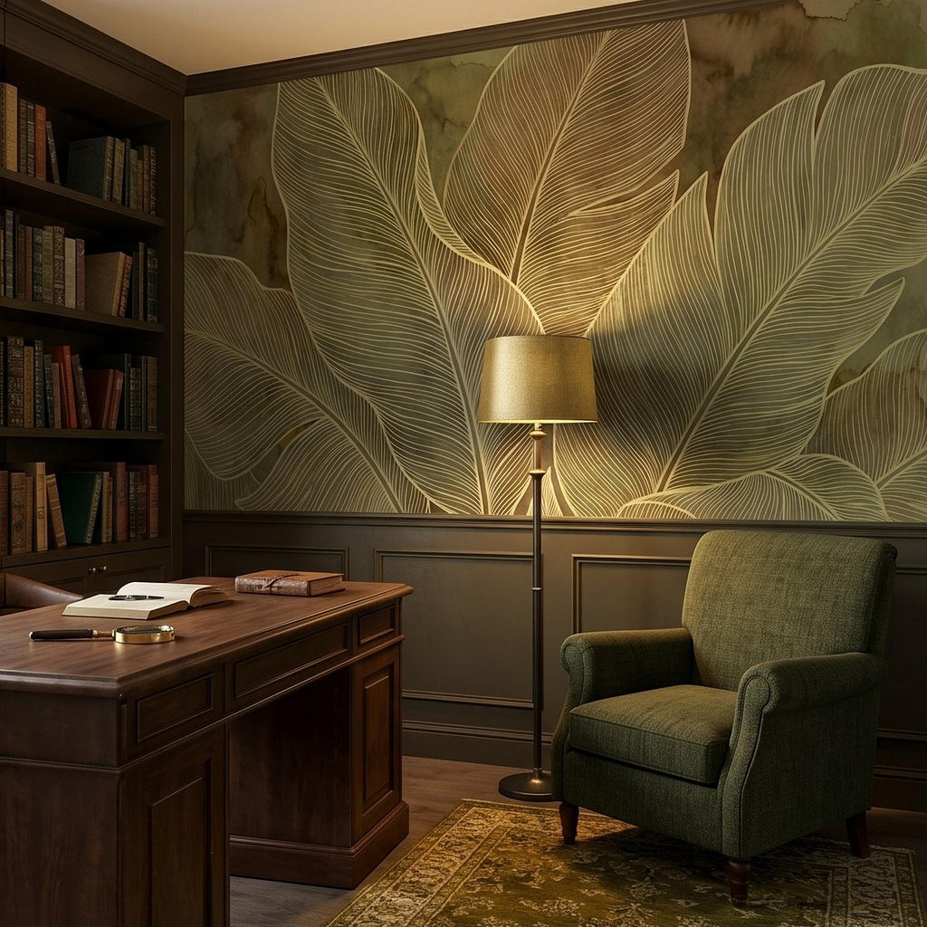 Tropical Leaf Peel and Stick Wall Mural, Neutral Botanical Line Art, Large Banana Leaves Earth Tone Modern Wallpaper