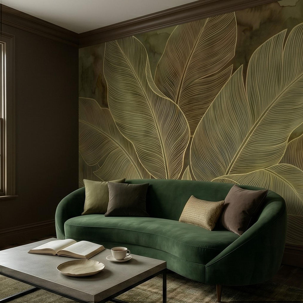 Tropical Leaf Peel and Stick Wall Mural, Neutral Botanical Line Art, Large Banana Leaves Earth Tone Modern Wallpaper