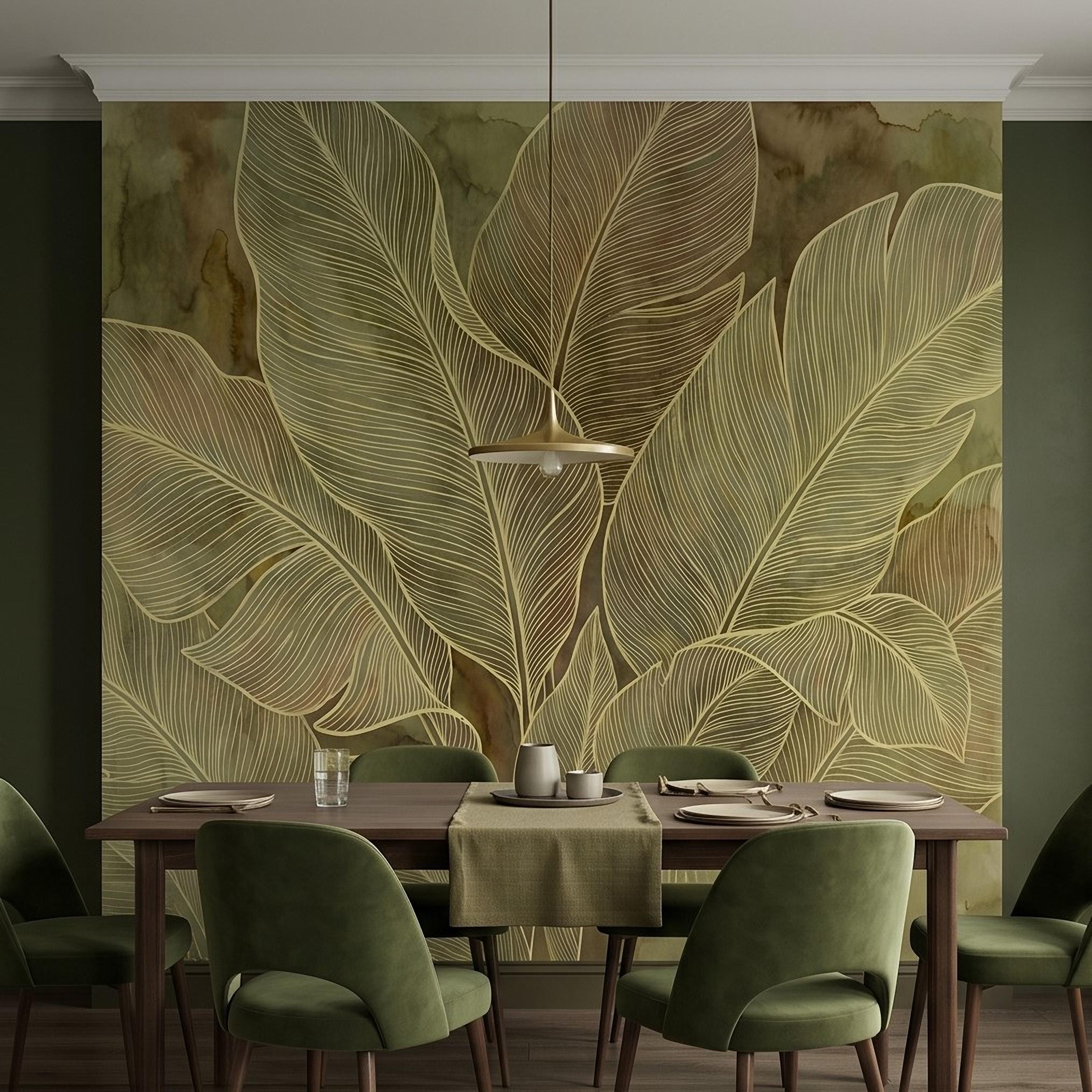 Tropical Leaf Peel and Stick Wall Mural, Neutral Botanical Line Art, Large Banana Leaves Earth Tone Modern Wallpaper