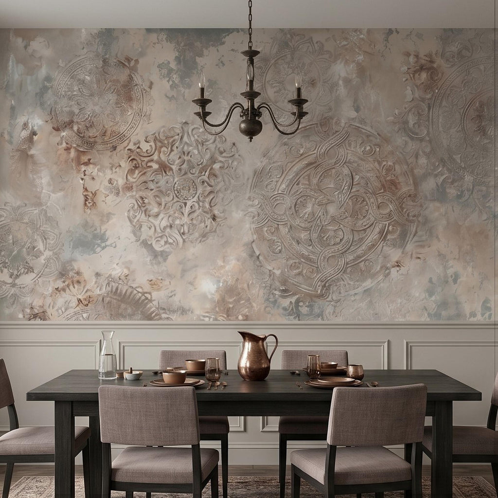 Vintage Medallion Peel and Stick Wall Mural, Neutral Ornamental Plaster Texture, Distressed Boho Baroque Pattern Wallpaper