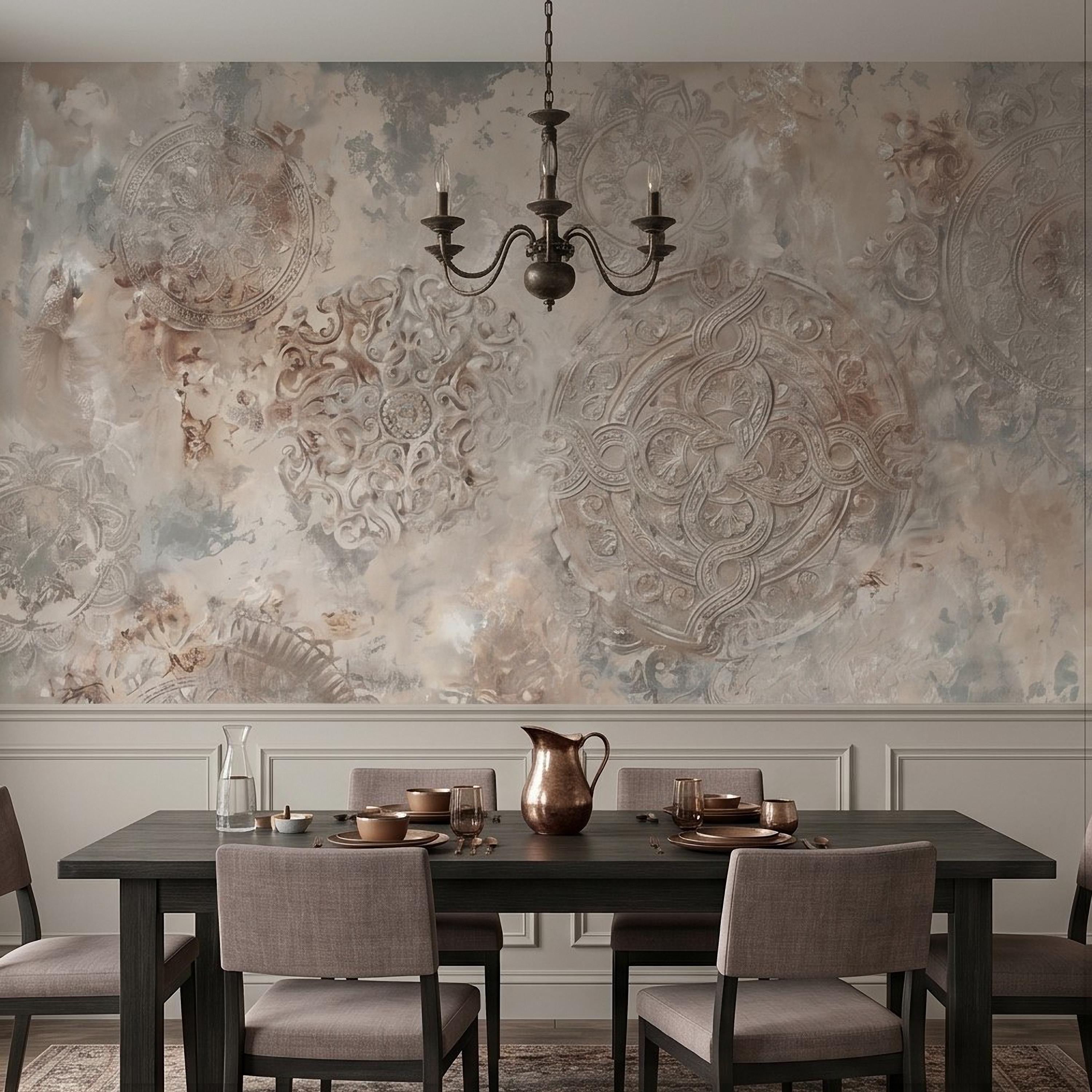 Vintage Medallion Peel and Stick Wall Mural, Neutral Ornamental Plaster Texture, Distressed Boho Baroque Pattern Wallpaper