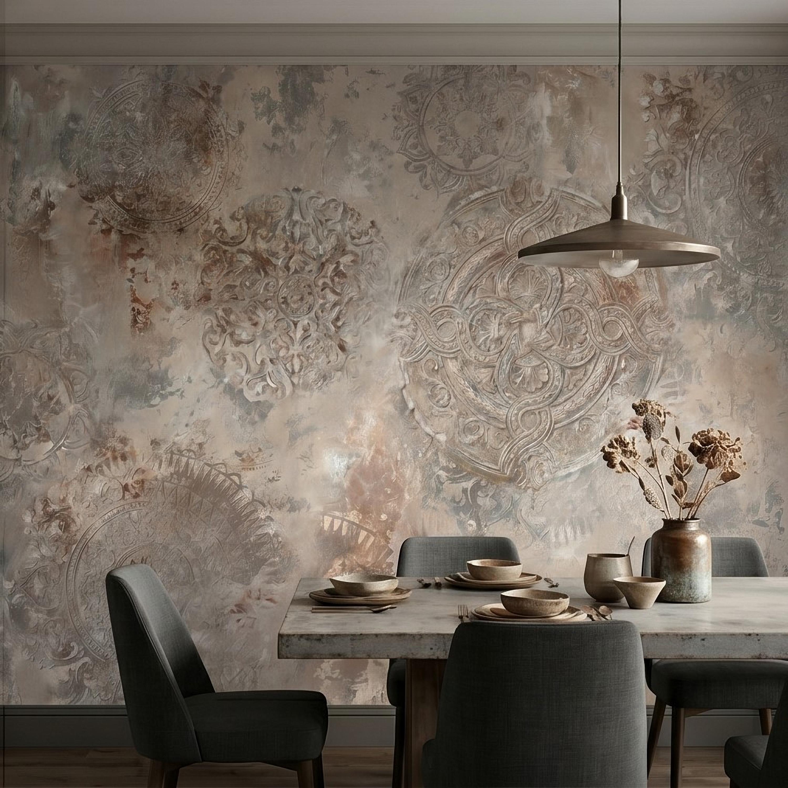 Vintage Medallion Peel and Stick Wall Mural, Neutral Ornamental Plaster Texture, Distressed Boho Baroque Pattern Wallpaper