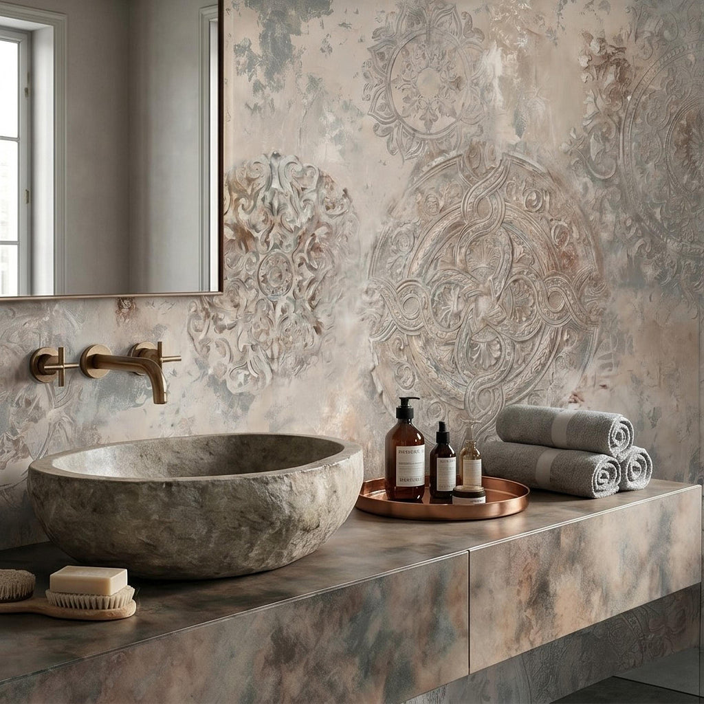 Vintage Medallion Peel and Stick Wall Mural, Neutral Ornamental Plaster Texture, Distressed Boho Baroque Pattern Wallpaper