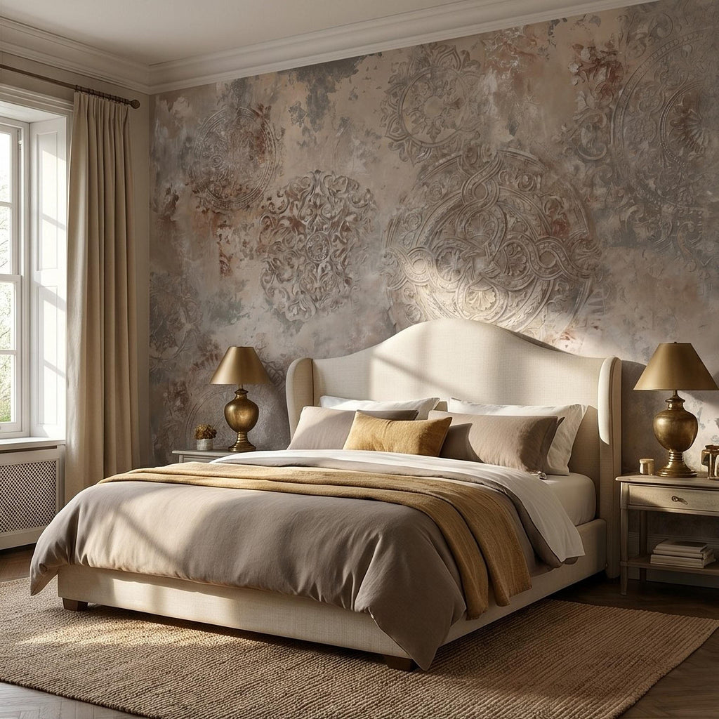 Vintage Medallion Peel and Stick Wall Mural, Neutral Ornamental Plaster Texture, Distressed Boho Baroque Pattern Wallpaper
