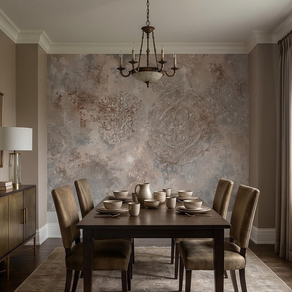 Vintage Medallion Peel and Stick Wall Mural, Neutral Ornamental Plaster Texture, Distressed Boho Baroque Pattern Wallpaper