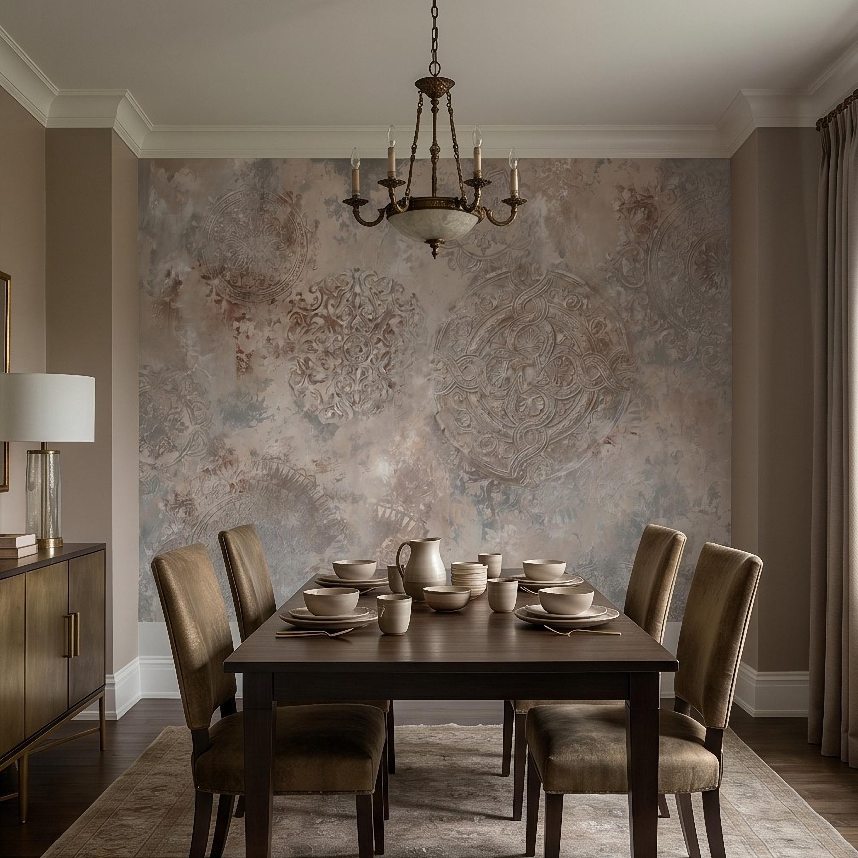 Vintage Medallion Peel and Stick Wall Mural, Neutral Ornamental Plaster Texture, Distressed Boho Baroque Pattern Wallpaper