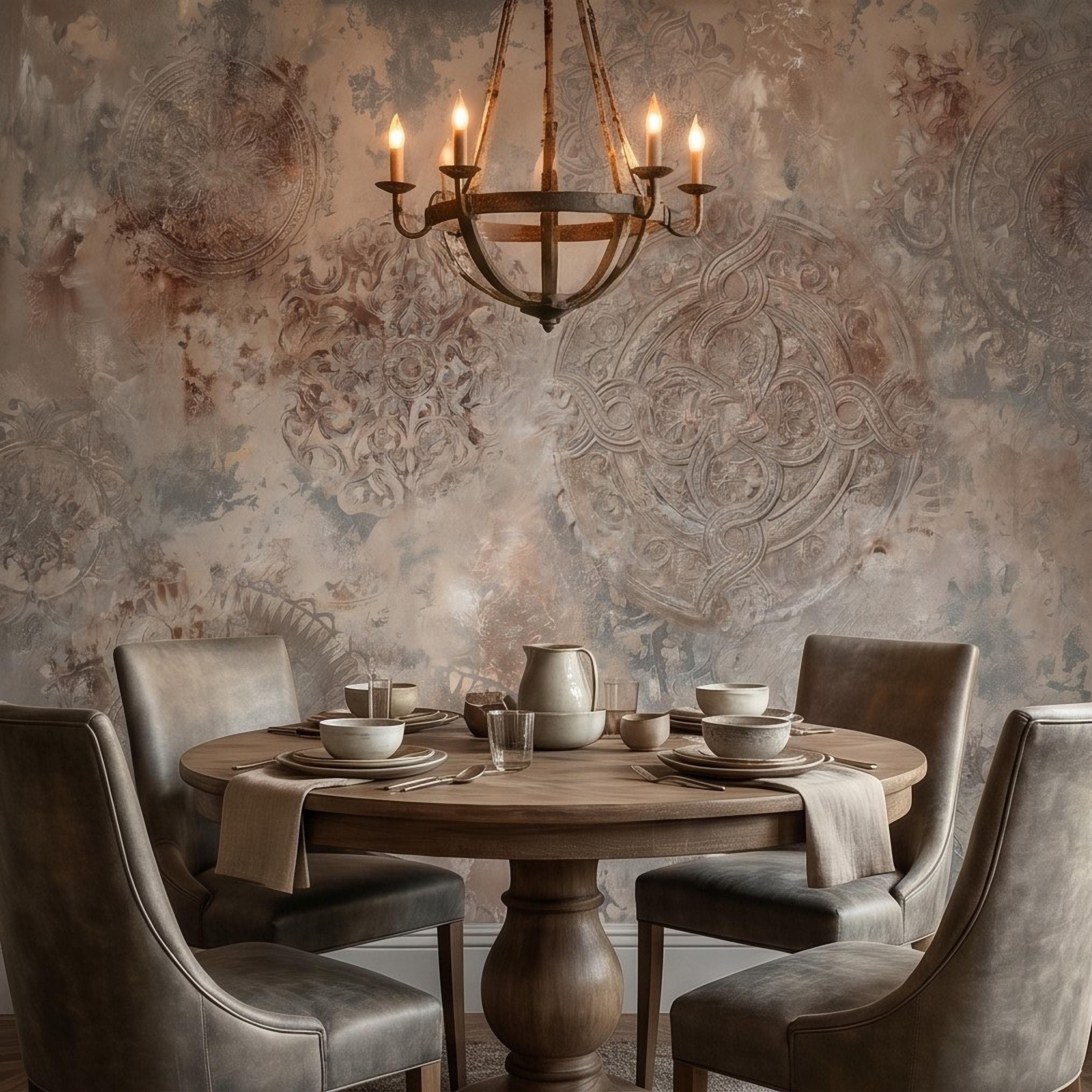 Vintage Medallion Peel and Stick Wall Mural, Neutral Ornamental Plaster Texture, Distressed Boho Baroque Pattern Wallpaper