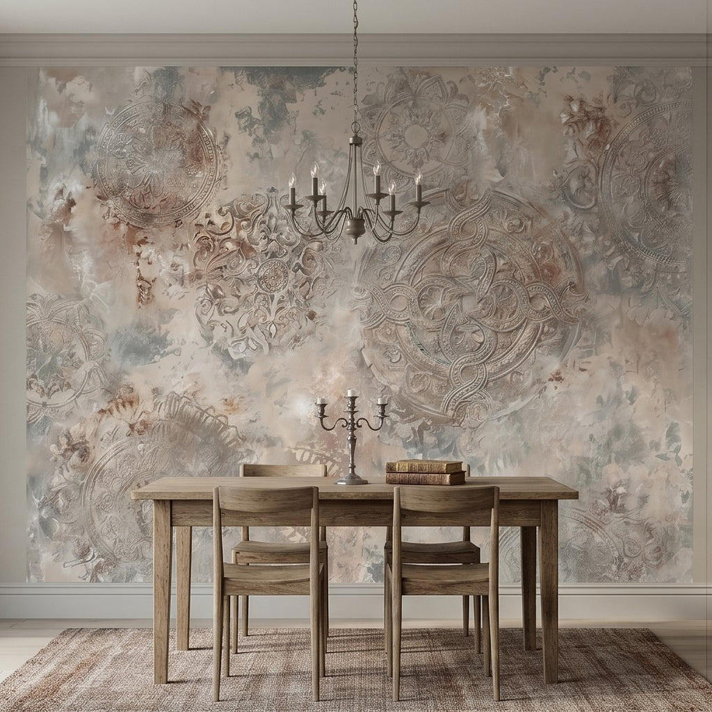 Vintage Medallion Peel and Stick Wall Mural, Neutral Ornamental Plaster Texture, Distressed Boho Baroque Pattern Wallpaper