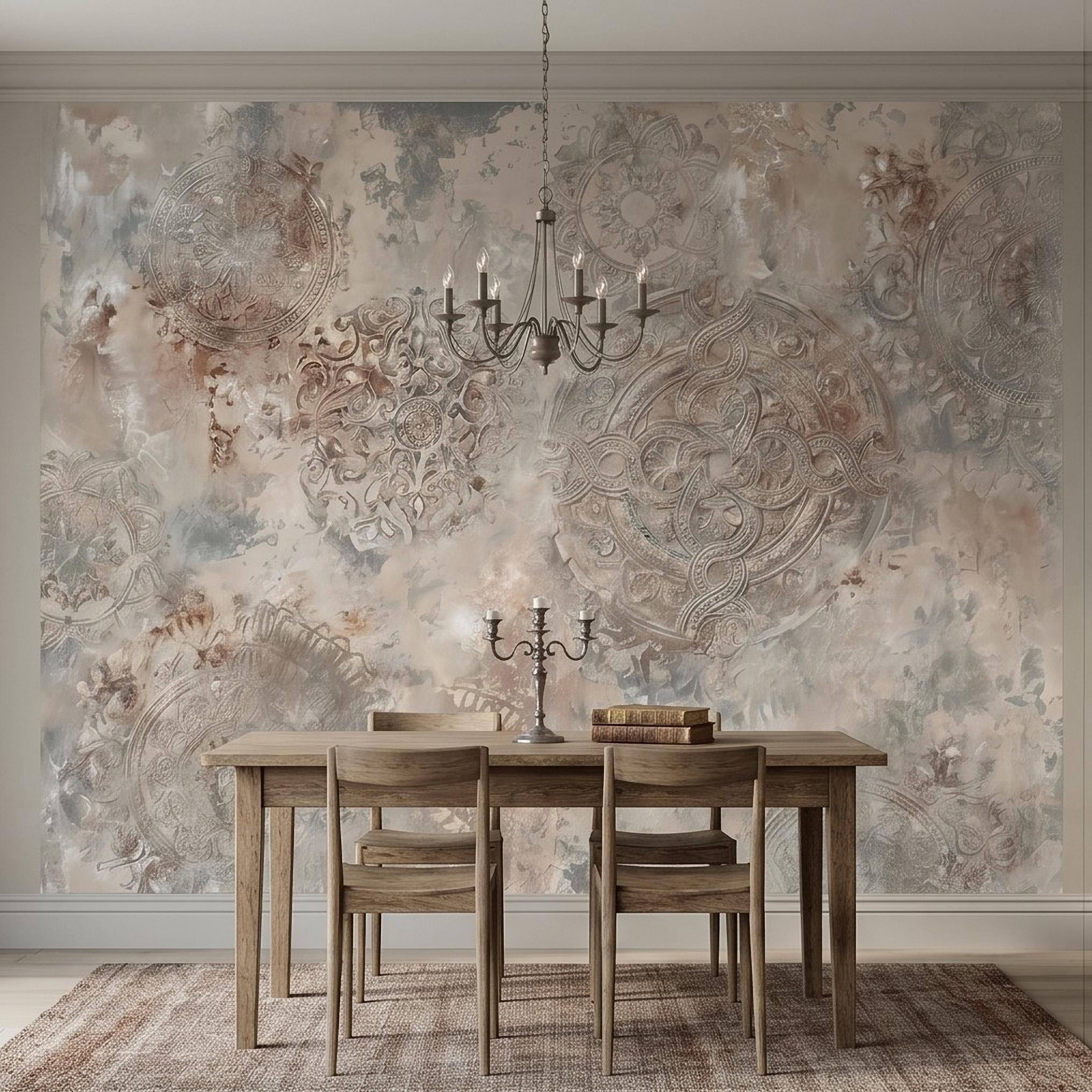 Vintage Medallion Peel and Stick Wall Mural, Neutral Ornamental Plaster Texture, Distressed Boho Baroque Pattern Wallpaper