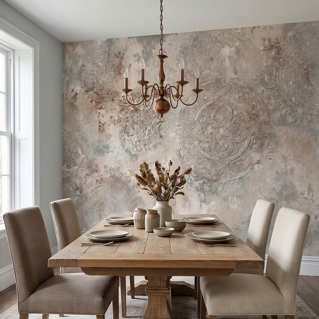 Vintage Medallion Peel and Stick Wall Mural, Neutral Ornamental Plaster Texture, Distressed Boho Baroque Pattern Wallpaper