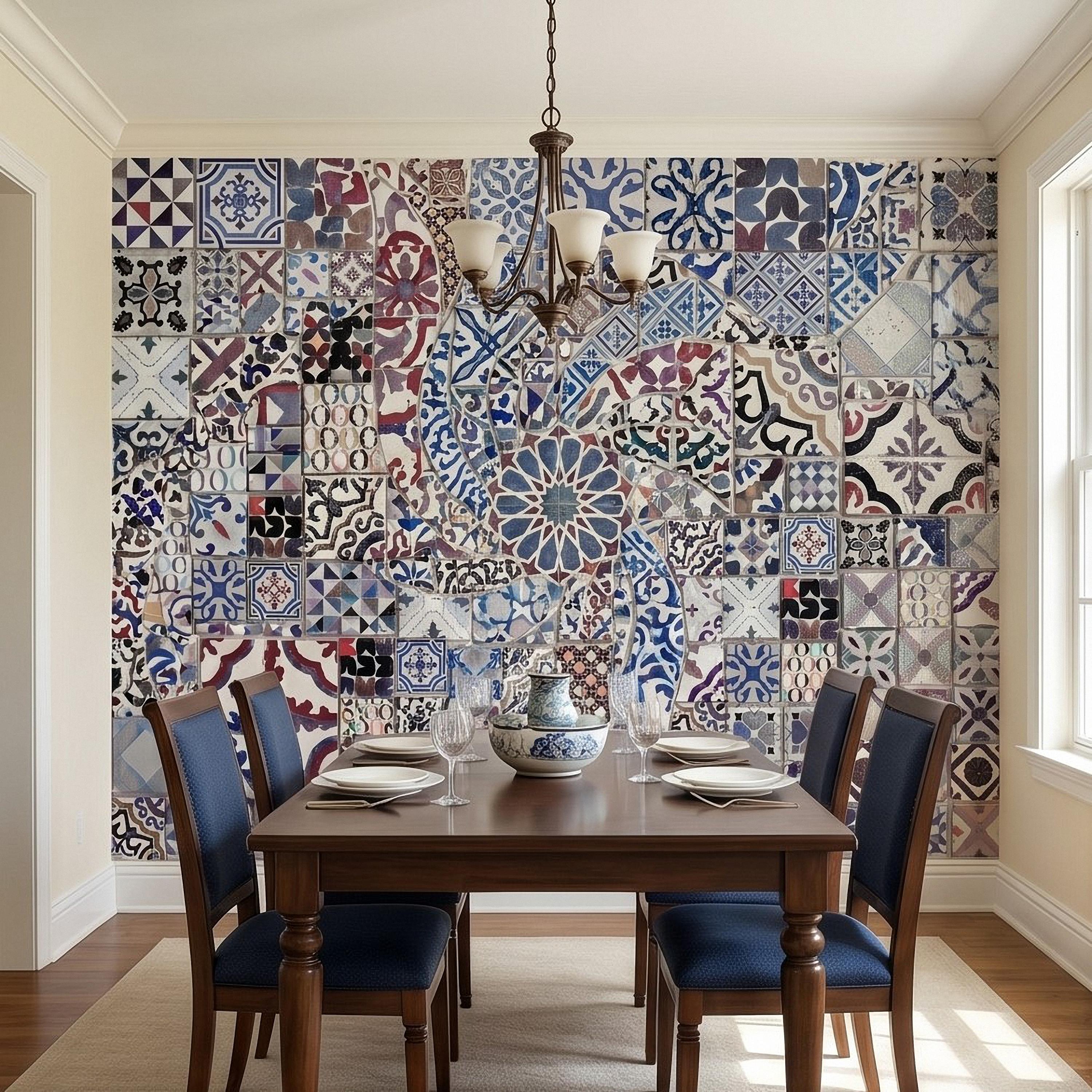 Portuguese Tiles Peel and Stick Wall Mural, Blue Azulejo Patchwork Pattern, Mediterranean Spanish Mosaic Wallpaper