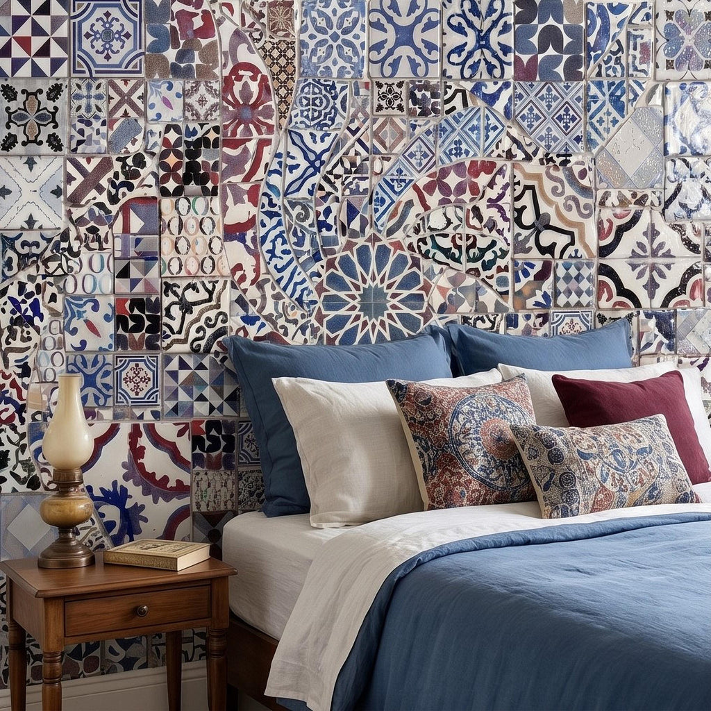 Portuguese Tiles Peel and Stick Wall Mural, Blue Azulejo Patchwork Pattern, Mediterranean Spanish Mosaic Wallpaper