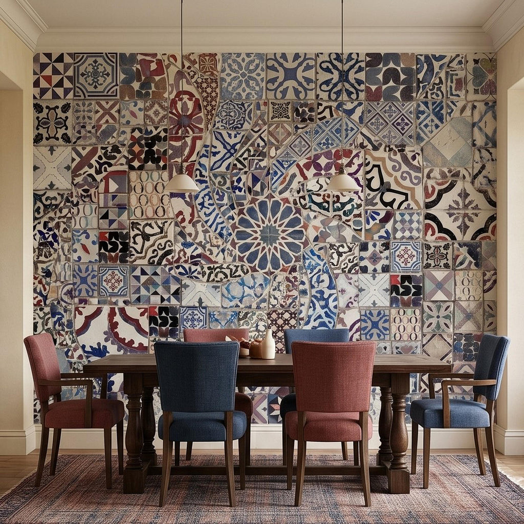 Portuguese Tiles Peel and Stick Wall Mural, Blue Azulejo Patchwork Pattern, Mediterranean Spanish Mosaic Wallpaper