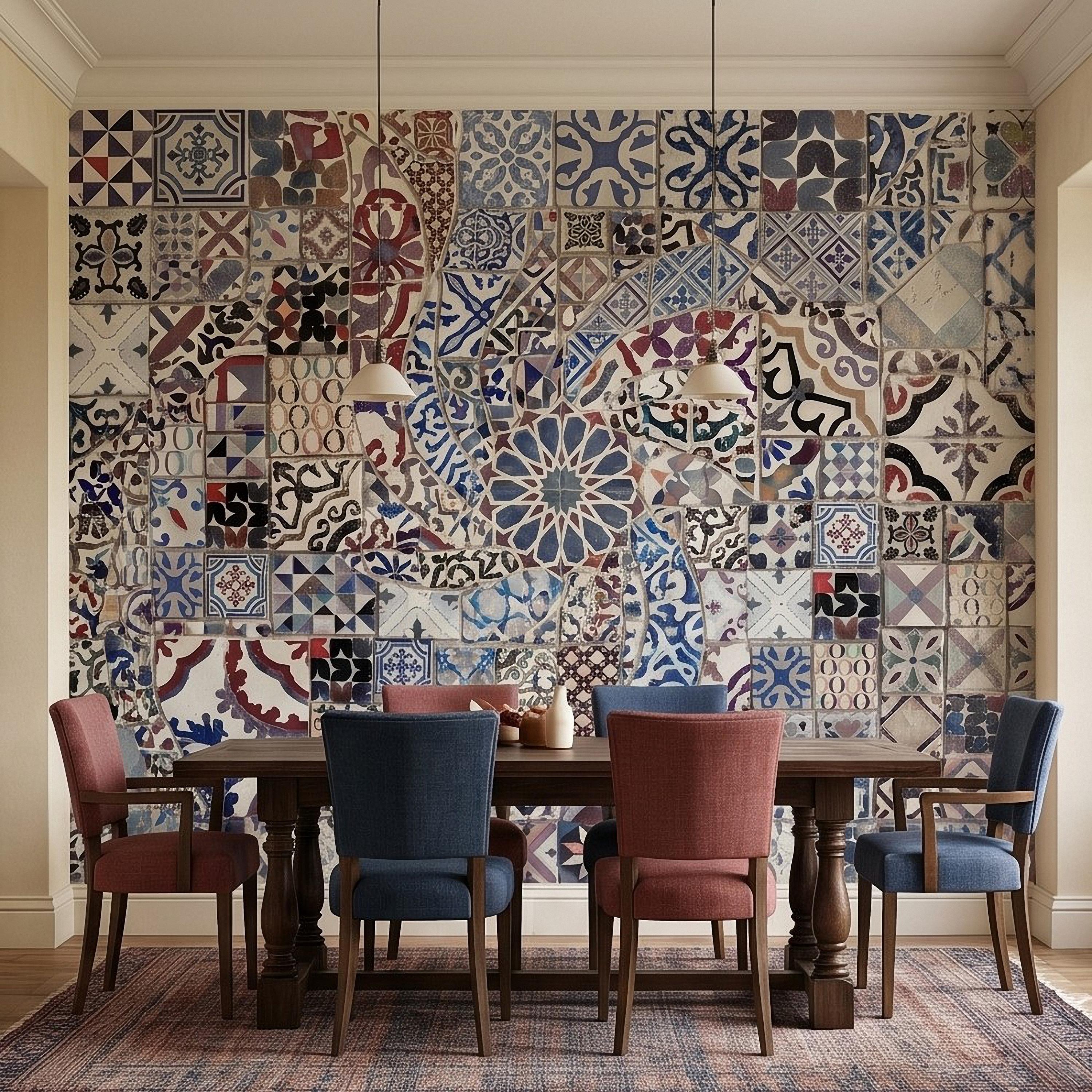 Portuguese Tiles Peel and Stick Wall Mural, Blue Azulejo Patchwork Pattern, Mediterranean Spanish Mosaic Wallpaper