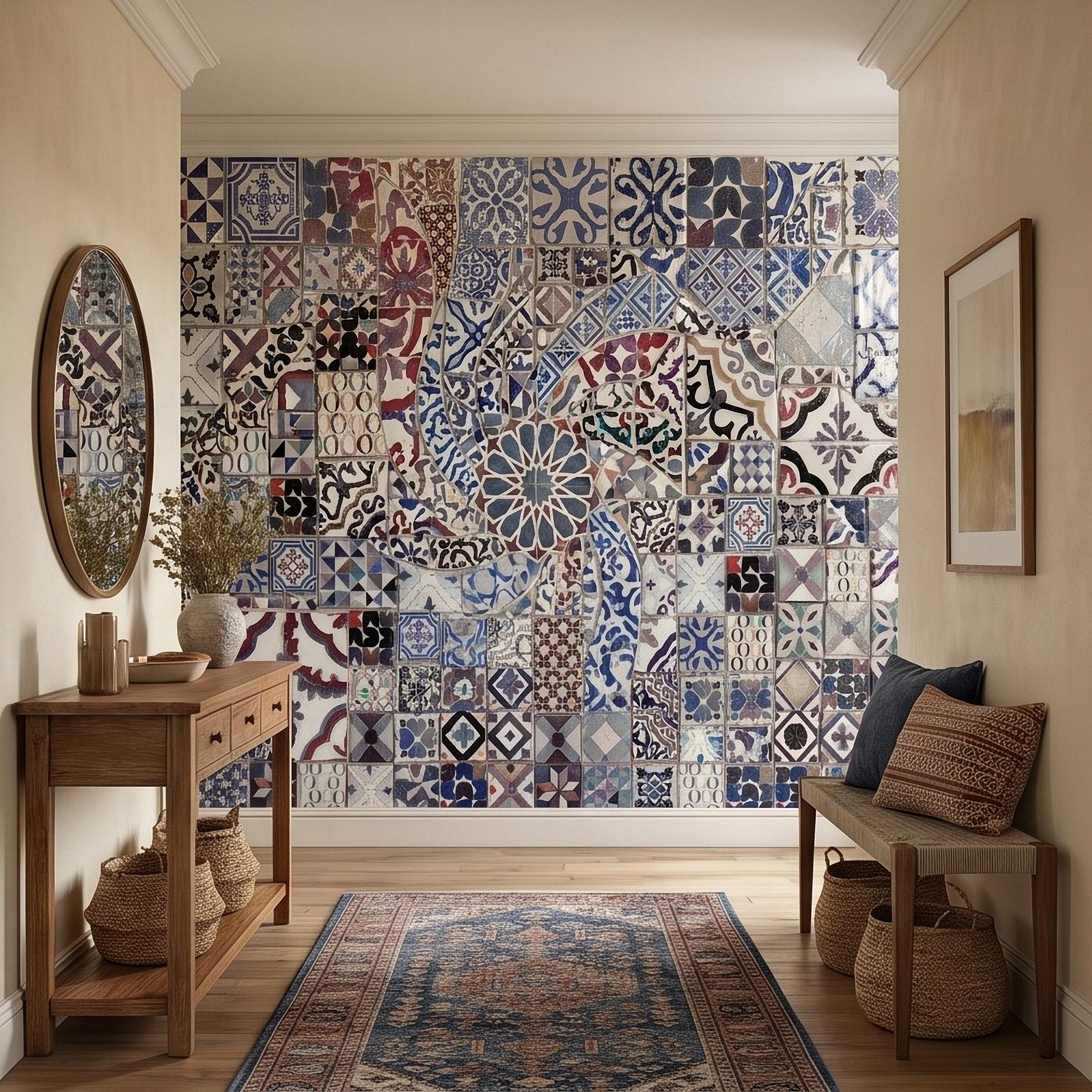 Portuguese Tiles Peel and Stick Wall Mural, Blue Azulejo Patchwork Pattern, Mediterranean Spanish Mosaic Wallpaper