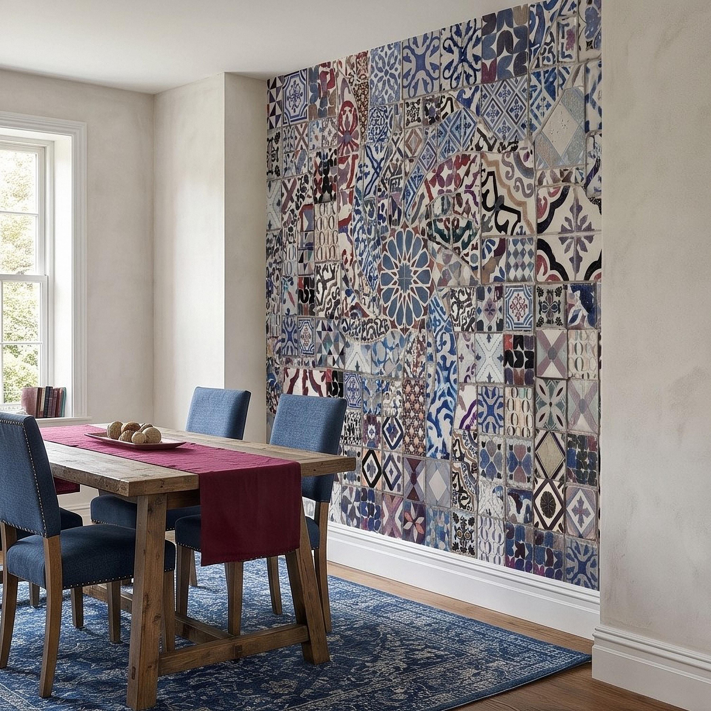 Portuguese Tiles Peel and Stick Wall Mural, Blue Azulejo Patchwork Pattern, Mediterranean Spanish Mosaic Wallpaper