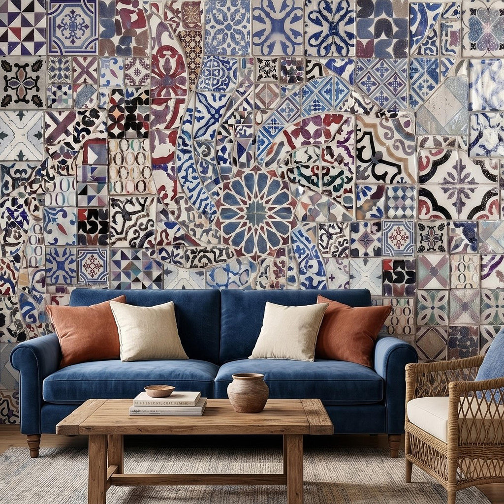 Portuguese Tiles Peel and Stick Wall Mural, Blue Azulejo Patchwork Pattern, Mediterranean Spanish Mosaic Wallpaper