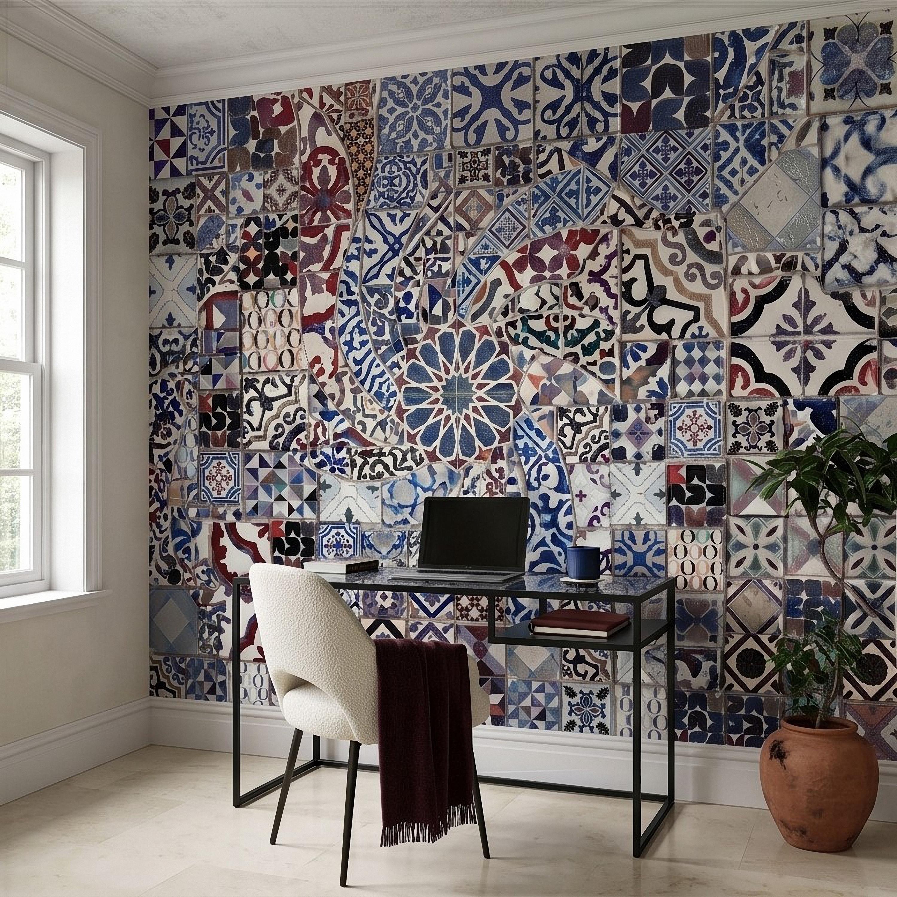 Portuguese Tiles Peel and Stick Wall Mural, Blue Azulejo Patchwork Pattern, Mediterranean Spanish Mosaic Wallpaper
