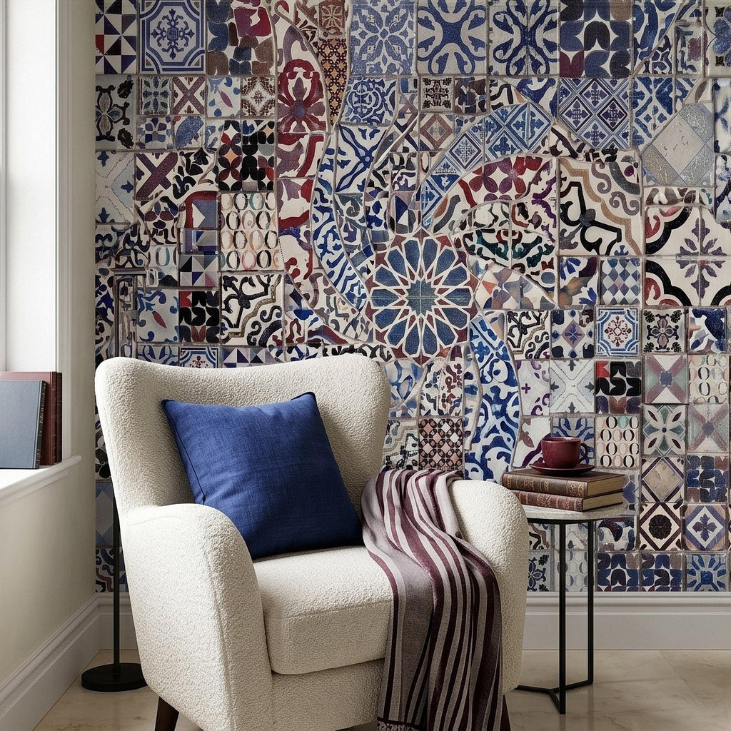 Portuguese Tiles Peel and Stick Wall Mural, Blue Azulejo Patchwork Pattern, Mediterranean Spanish Mosaic Wallpaper