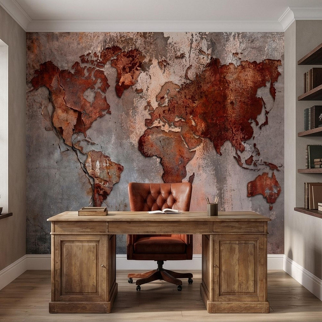 Industrial World Map Peel and Stick Wall Mural, Rustic Rusted Metal Texture, Vintage Travel Map Wallpaper
