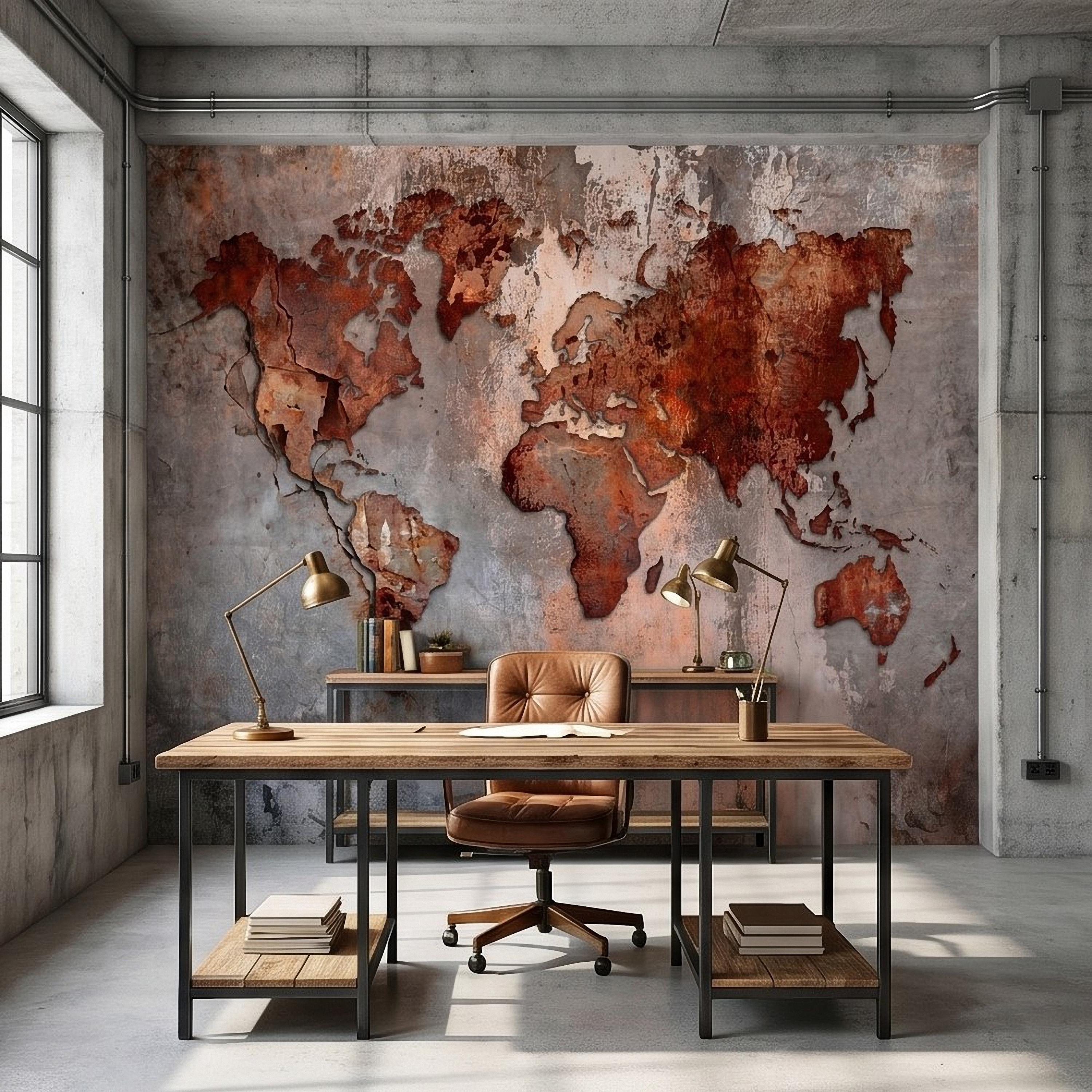 Industrial World Map Peel and Stick Wall Mural, Rustic Rusted Metal Texture, Vintage Travel Map Wallpaper