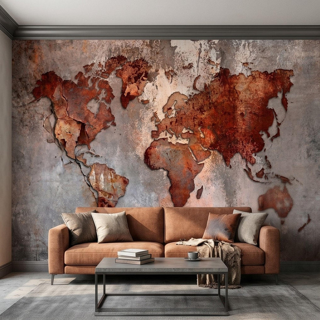 Industrial World Map Peel and Stick Wall Mural, Rustic Rusted Metal Texture, Vintage Travel Map Wallpaper
