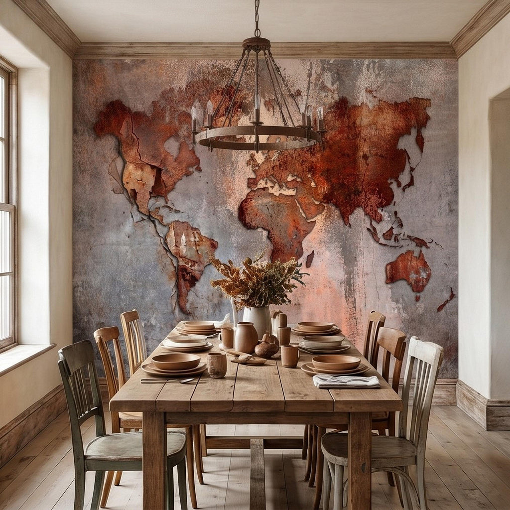Industrial World Map Peel and Stick Wall Mural, Rustic Rusted Metal Texture, Vintage Travel Map Wallpaper