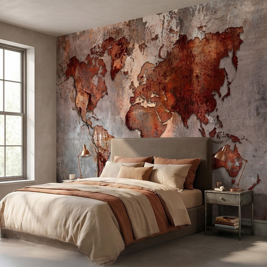 Industrial World Map Peel and Stick Wall Mural, Rustic Rusted Metal Texture, Vintage Travel Map Wallpaper