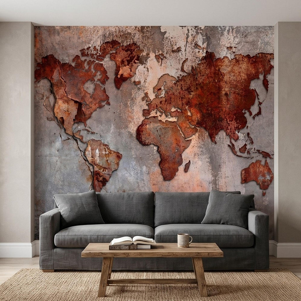 Industrial World Map Peel and Stick Wall Mural, Rustic Rusted Metal Texture, Vintage Travel Map Wallpaper