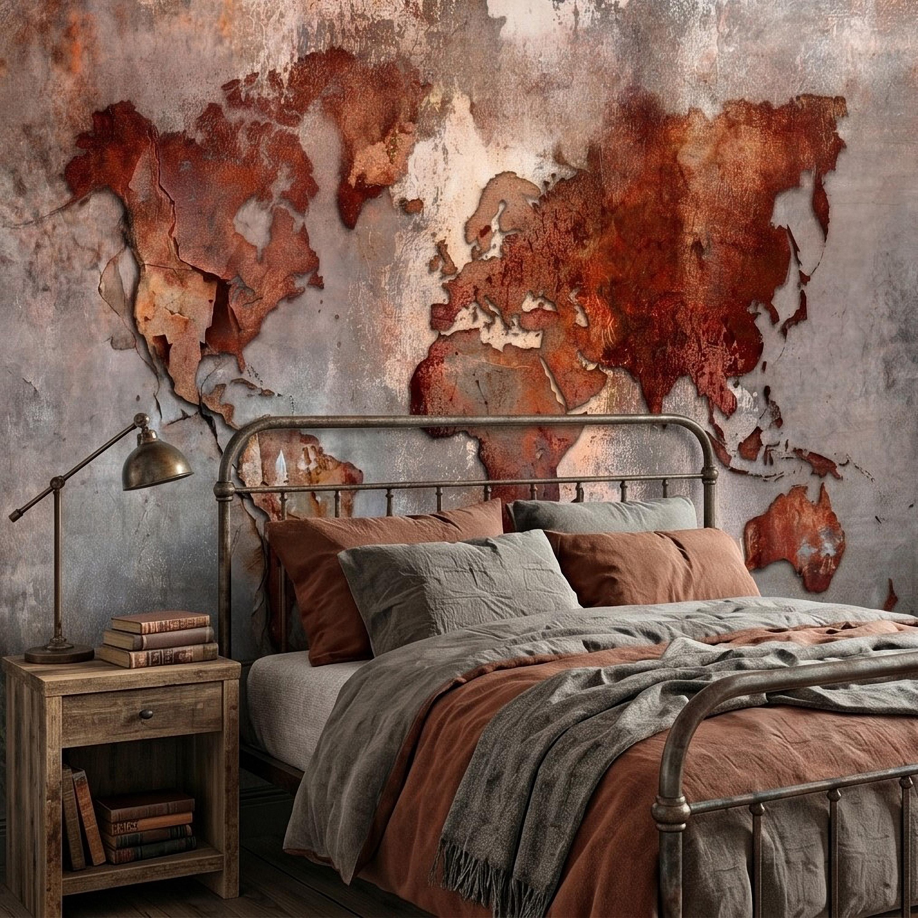 Industrial World Map Peel and Stick Wall Mural, Rustic Rusted Metal Texture, Vintage Travel Map Wallpaper