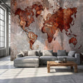 Industrial World Map Peel and Stick Wall Mural, Rustic Rusted Metal Texture, Vintage Travel Map Wallpaper
