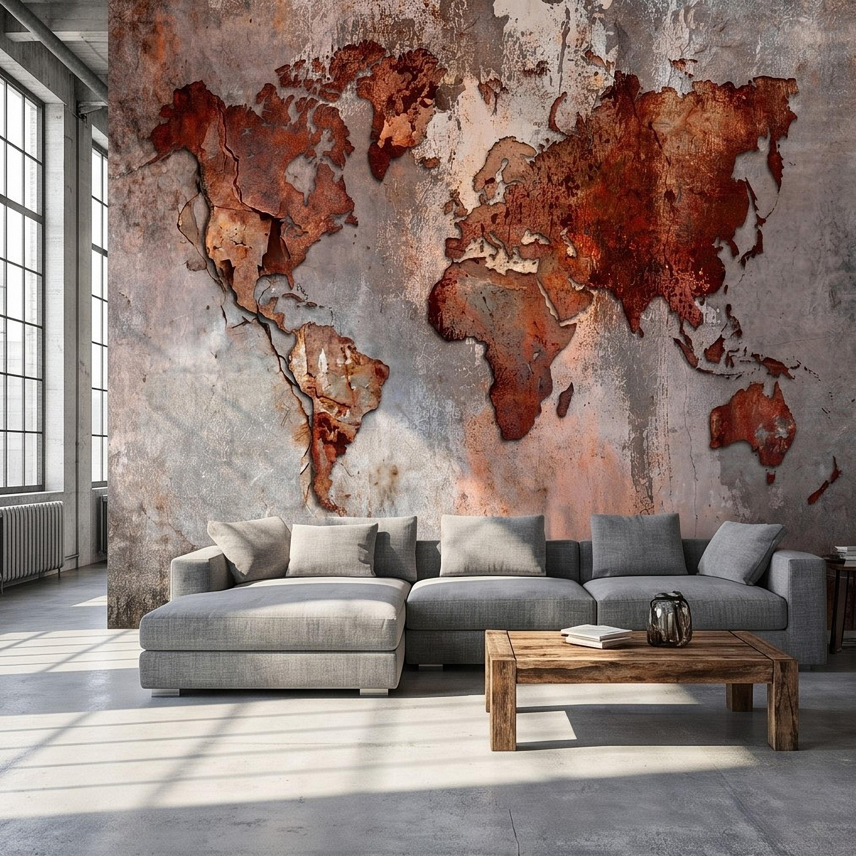 Industrial World Map Peel and Stick Wall Mural, Rustic Rusted Metal Texture, Vintage Travel Map Wallpaper
