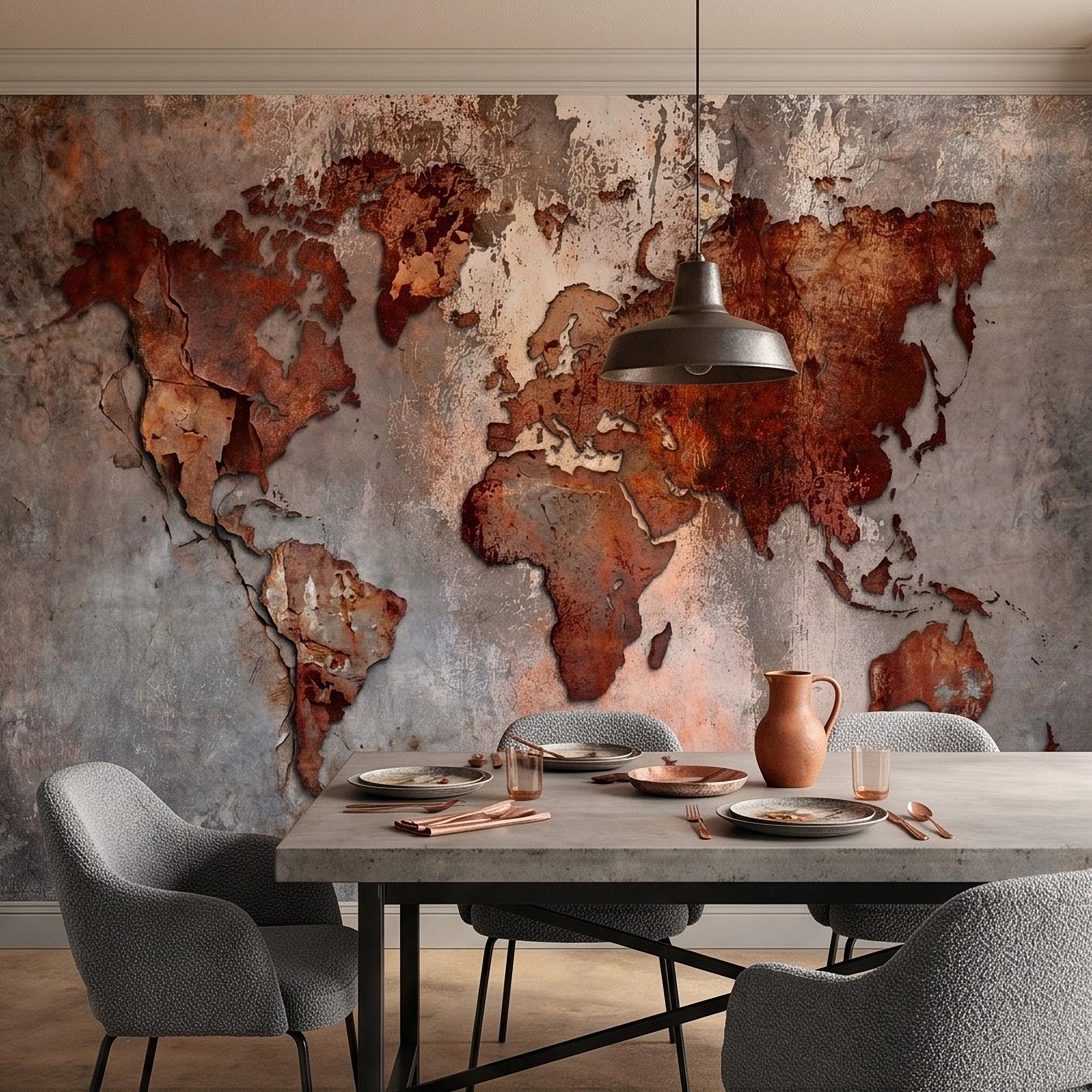 Industrial World Map Peel and Stick Wall Mural, Rustic Rusted Metal Texture, Vintage Travel Map Wallpaper