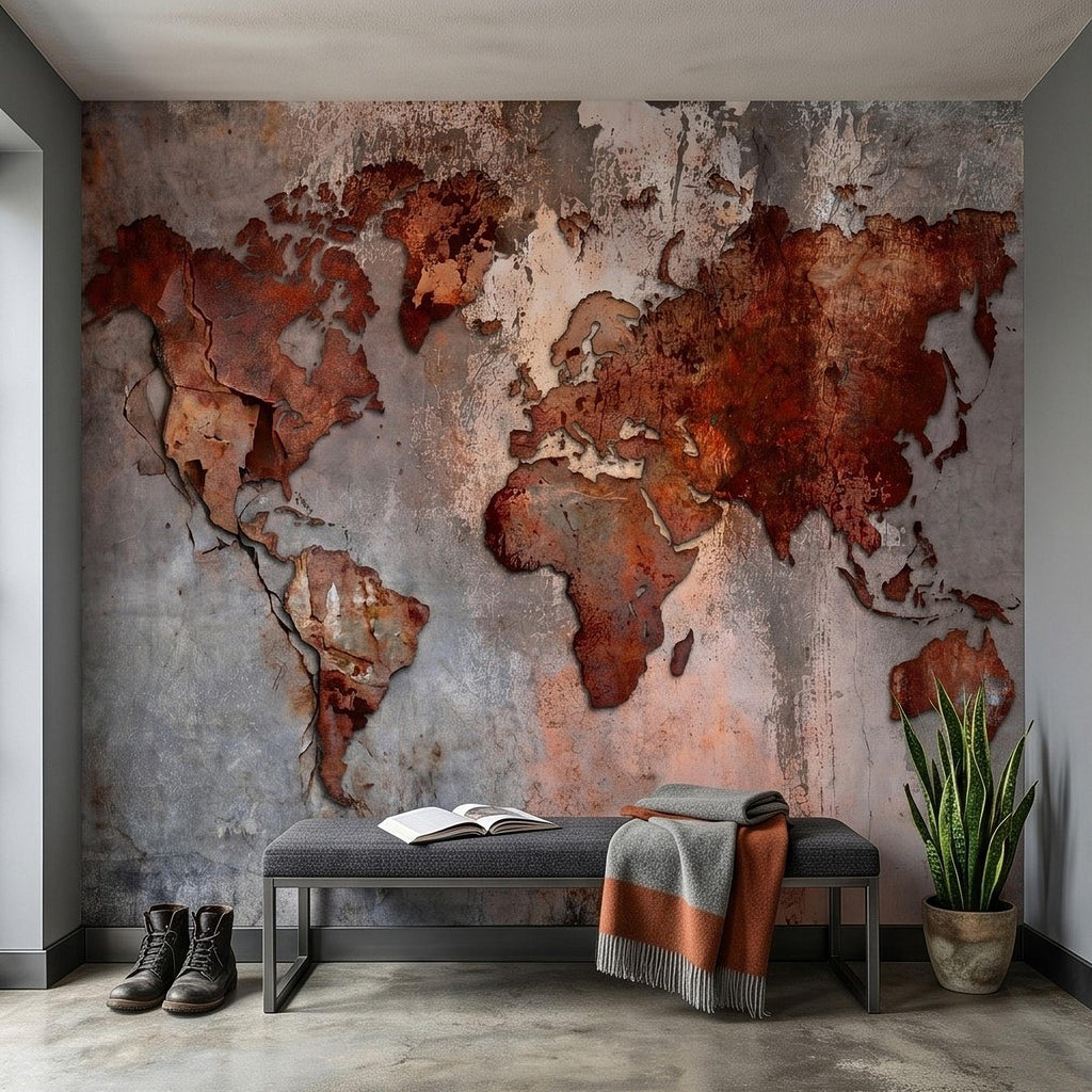 Industrial World Map Peel and Stick Wall Mural, Rustic Rusted Metal Texture, Vintage Travel Map Wallpaper