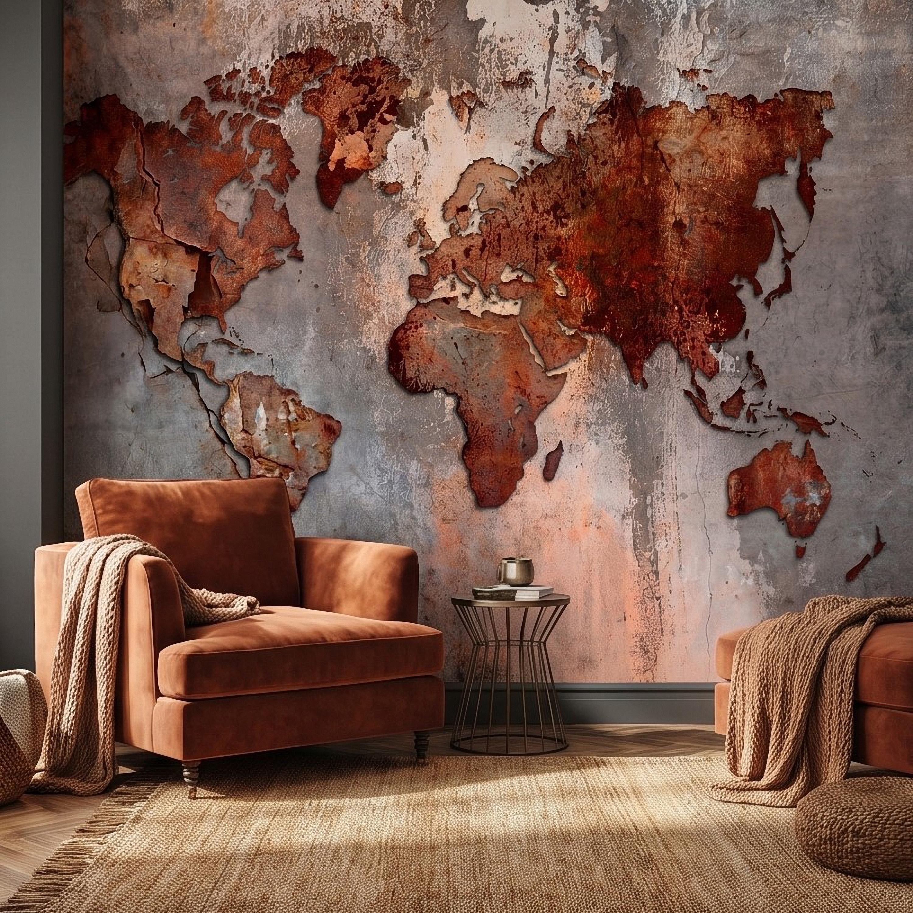 Industrial World Map Peel and Stick Wall Mural, Rustic Rusted Metal Texture, Vintage Travel Map Wallpaper