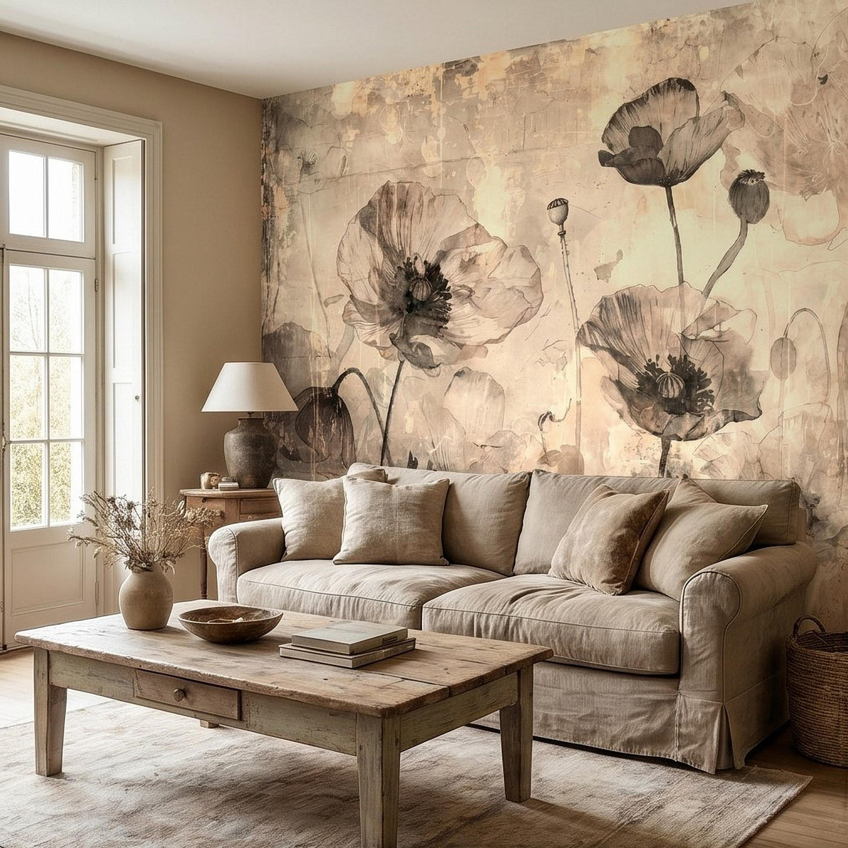 Sepia poppy watercolor floral wall mural with soft neutral blossoms and stems