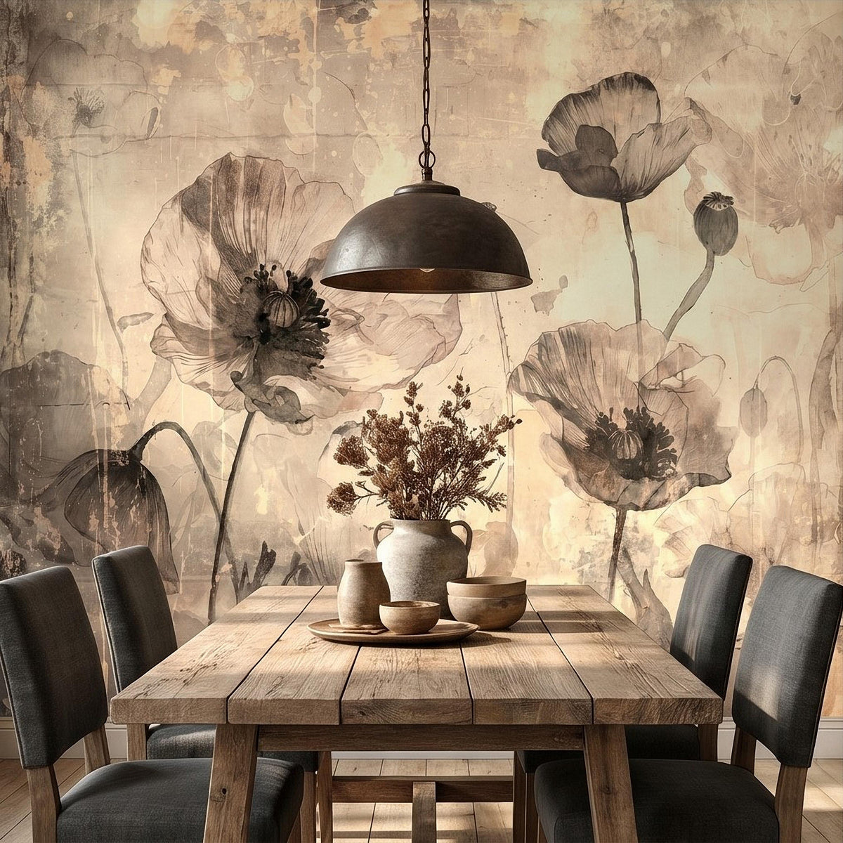 Sepia watercolor poppy wall mural with three blooms and branching stems