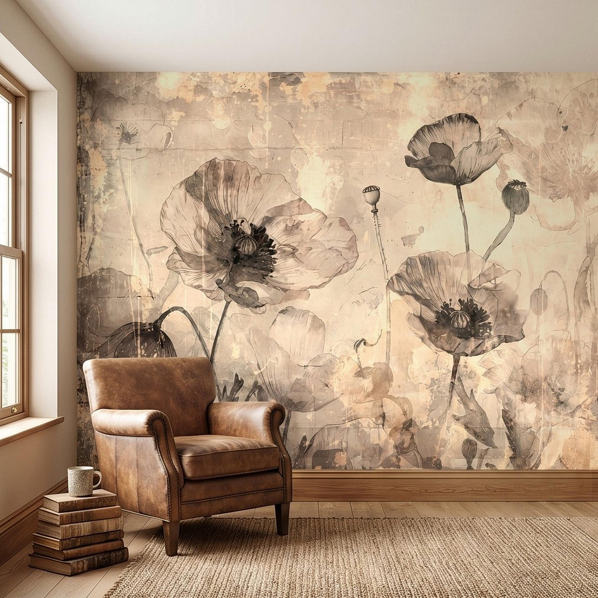 Sepia poppy floral wall mural with two large watercolor blossoms and stems