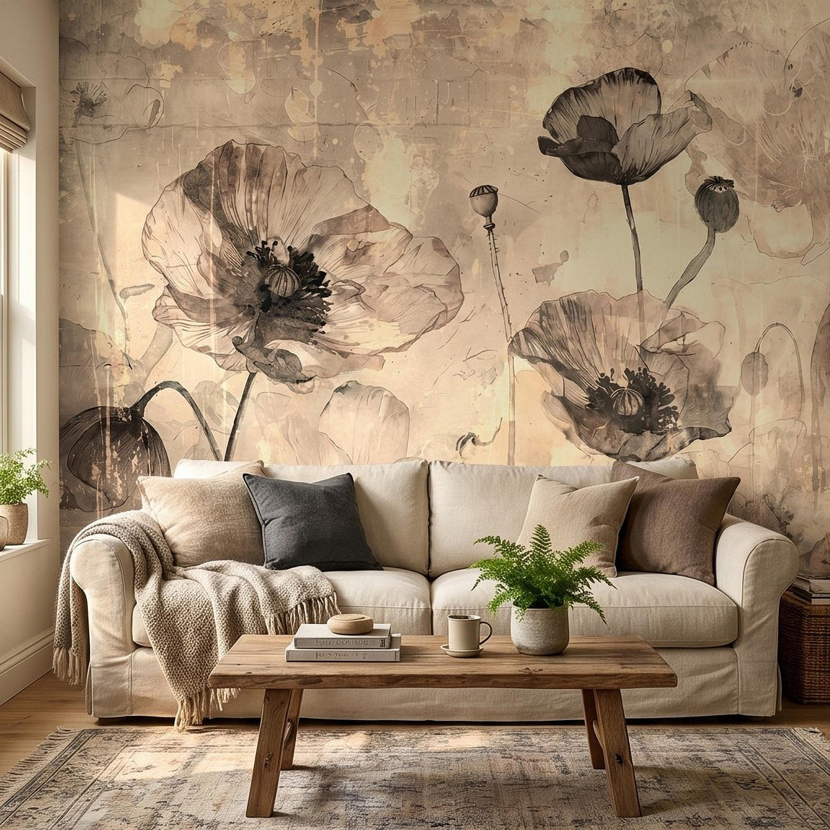 Sepia poppy floral wall mural with watercolor blooms and stems on a neutral wall