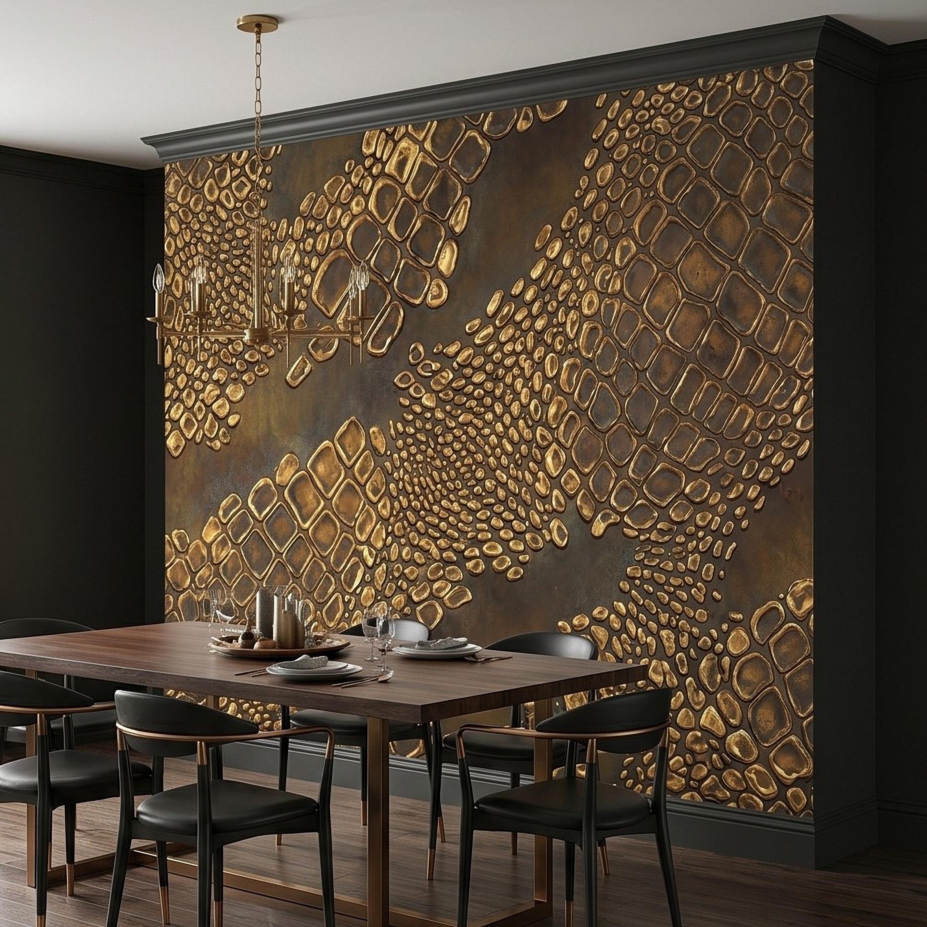Gold Croc Abstract Peel and Stick Wall Mural, Luxury Textured Pattern, Modern Glam Crocodile Scale Wallpaper