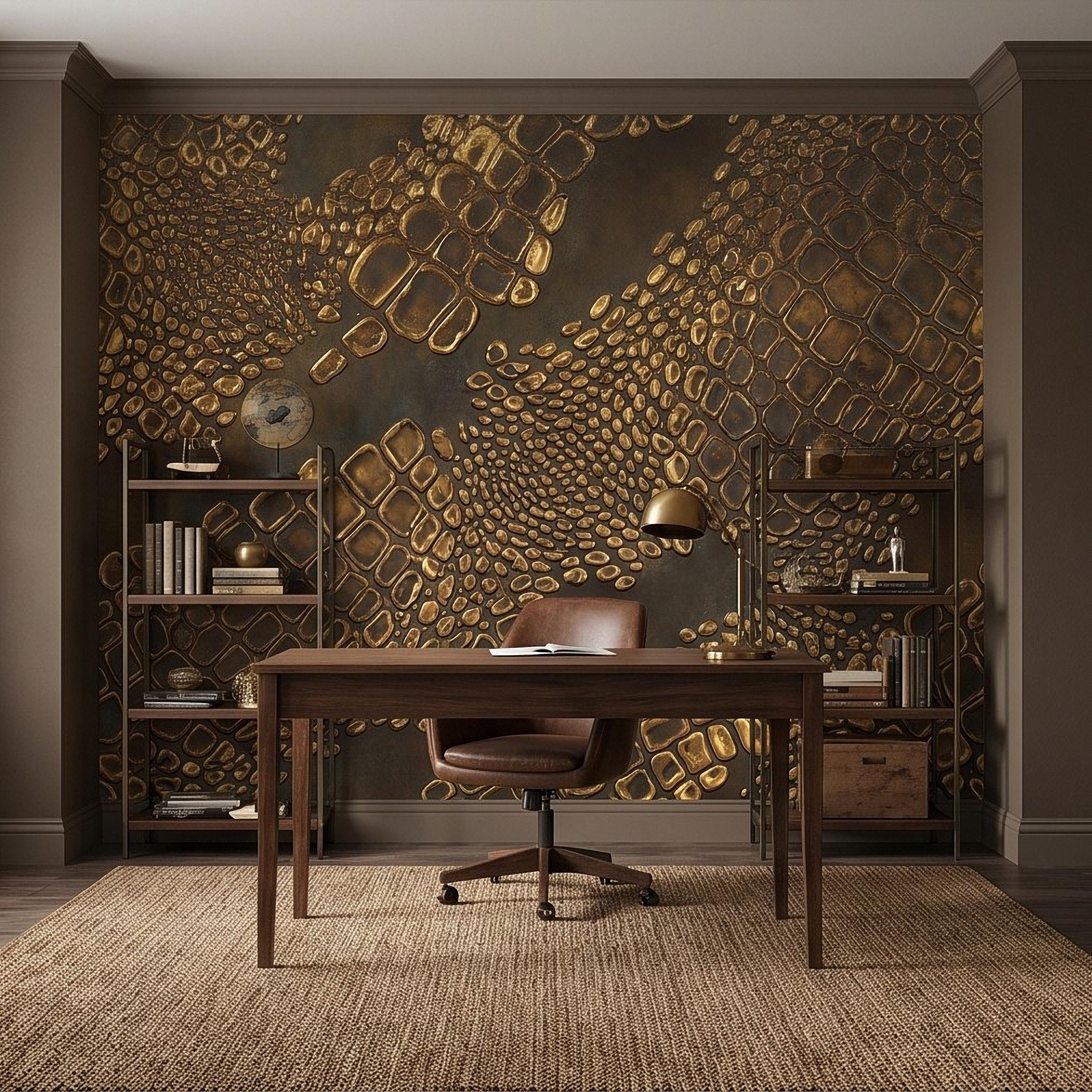 Gold Croc Abstract Peel and Stick Wall Mural, Luxury Textured Pattern, Modern Glam Crocodile Scale Wallpaper