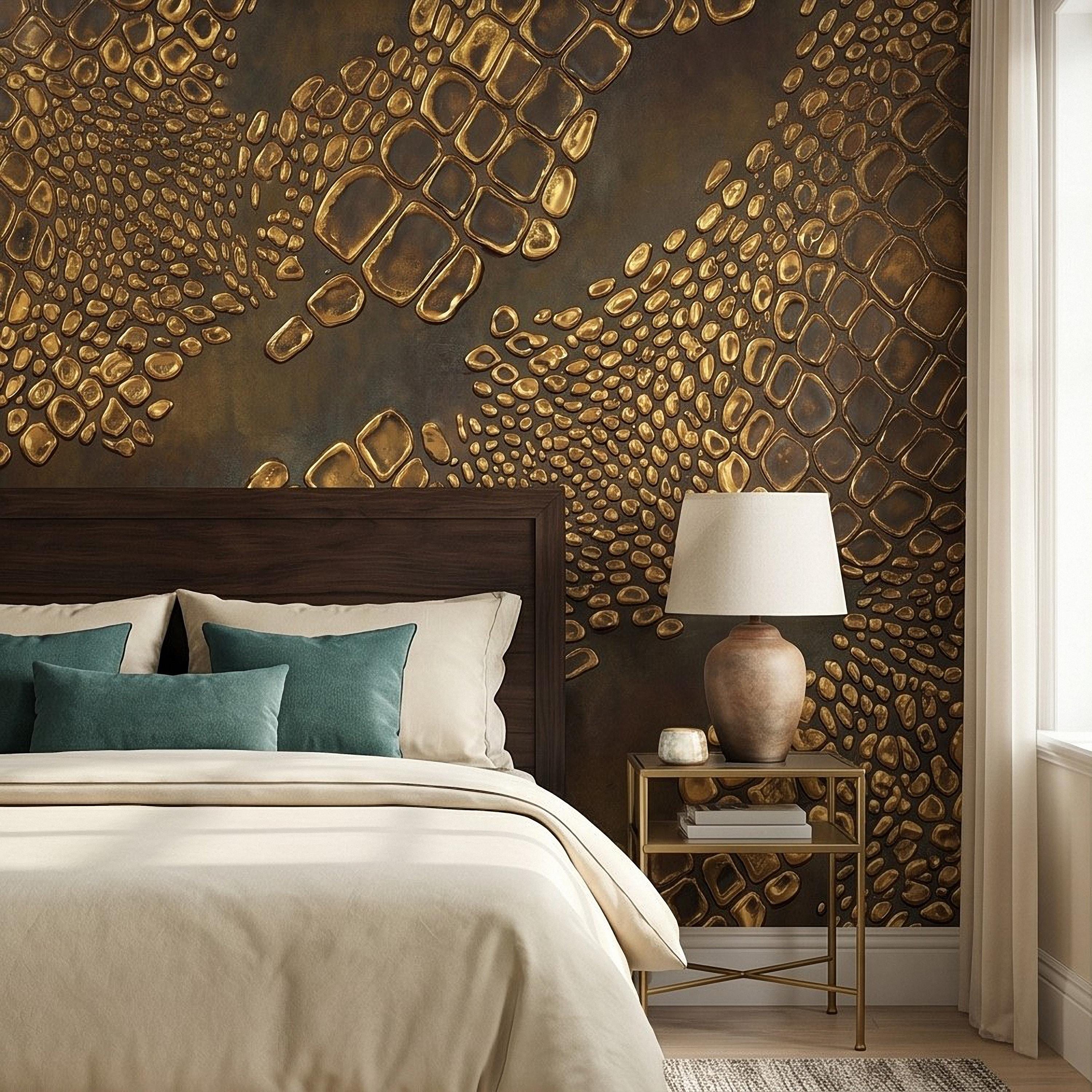 Gold Croc Abstract Peel and Stick Wall Mural, Luxury Textured Pattern, Modern Glam Crocodile Scale Wallpaper