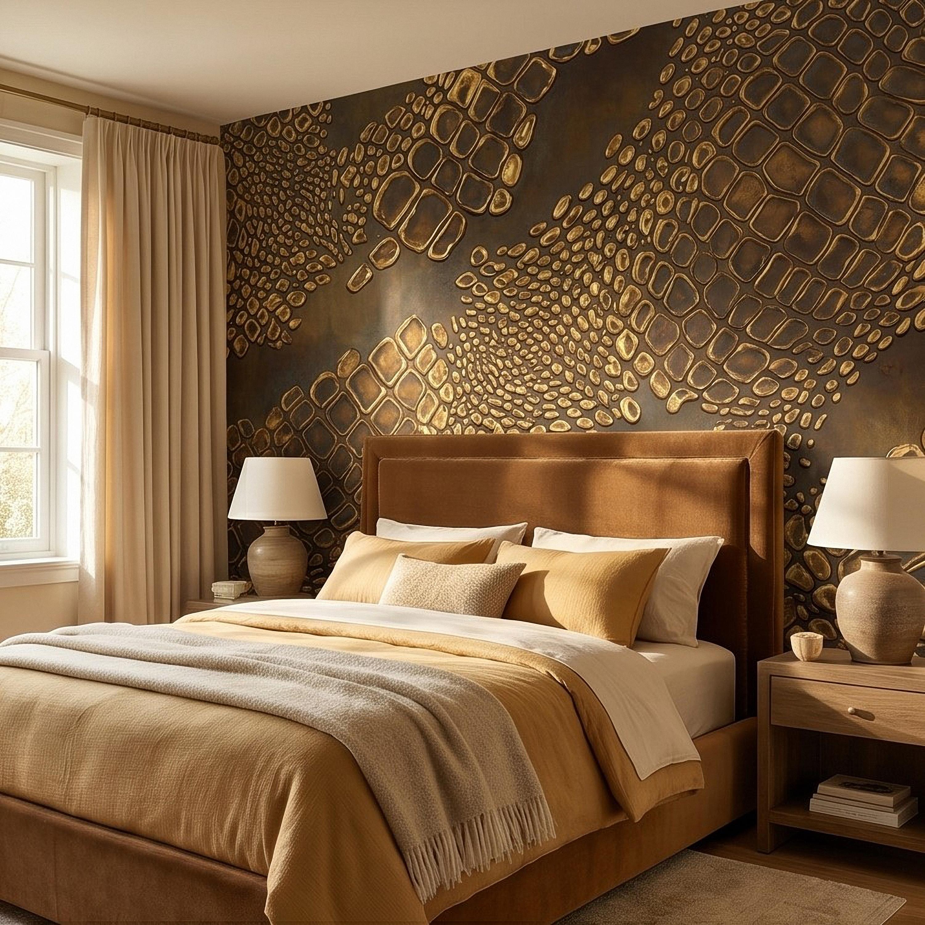 Gold Croc Abstract Peel and Stick Wall Mural, Luxury Textured Pattern, Modern Glam Crocodile Scale Wallpaper