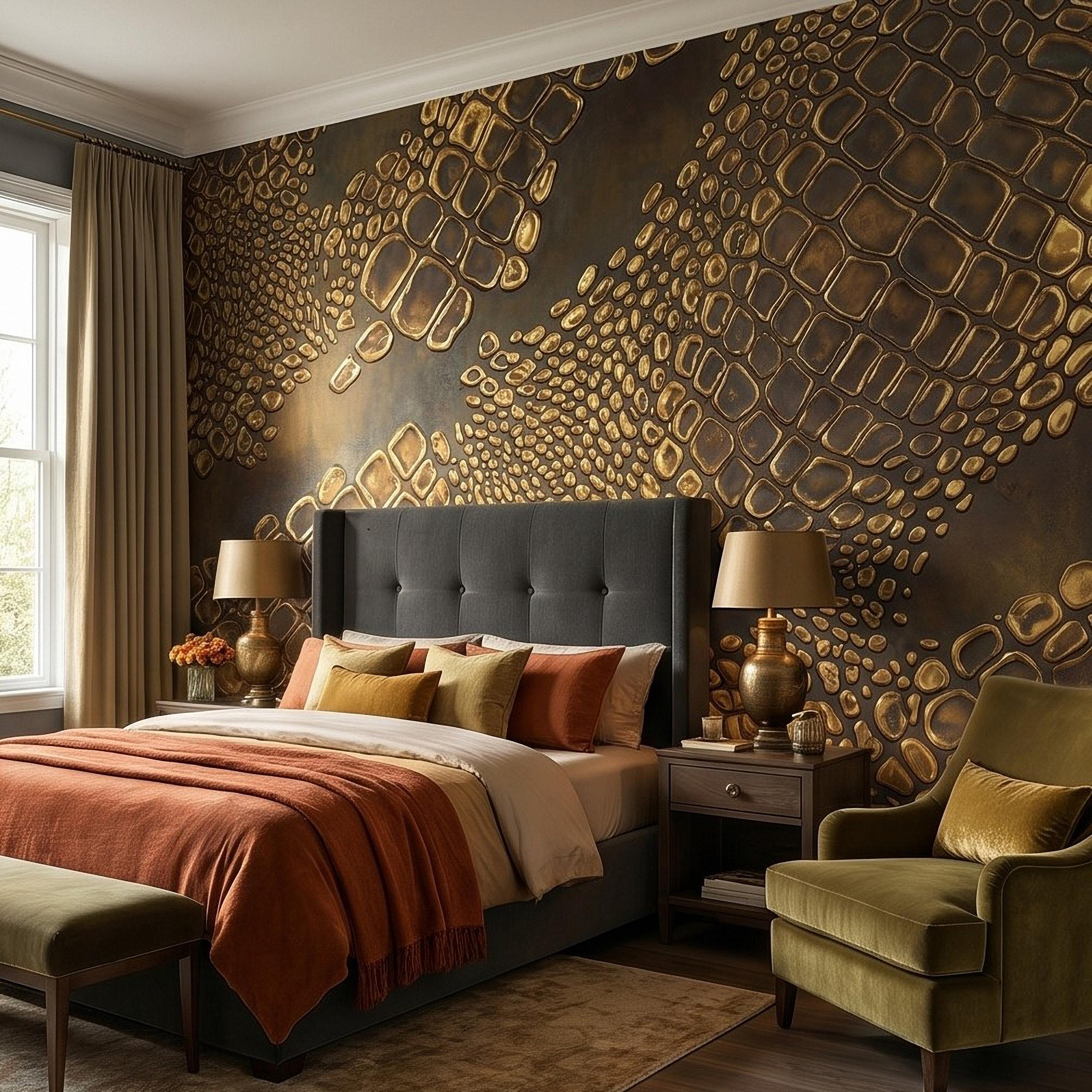 Gold Croc Abstract Peel and Stick Wall Mural, Luxury Textured Pattern, Modern Glam Crocodile Scale Wallpaper