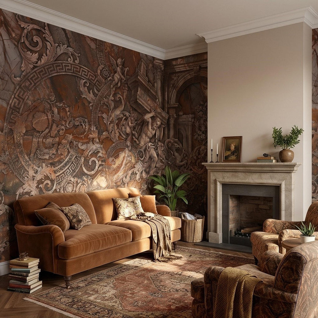 Baroque Marble Peel and Stick Wall Mural, Renaissance Mythology Sculpture, Antique Roman Architecture Wallpaper