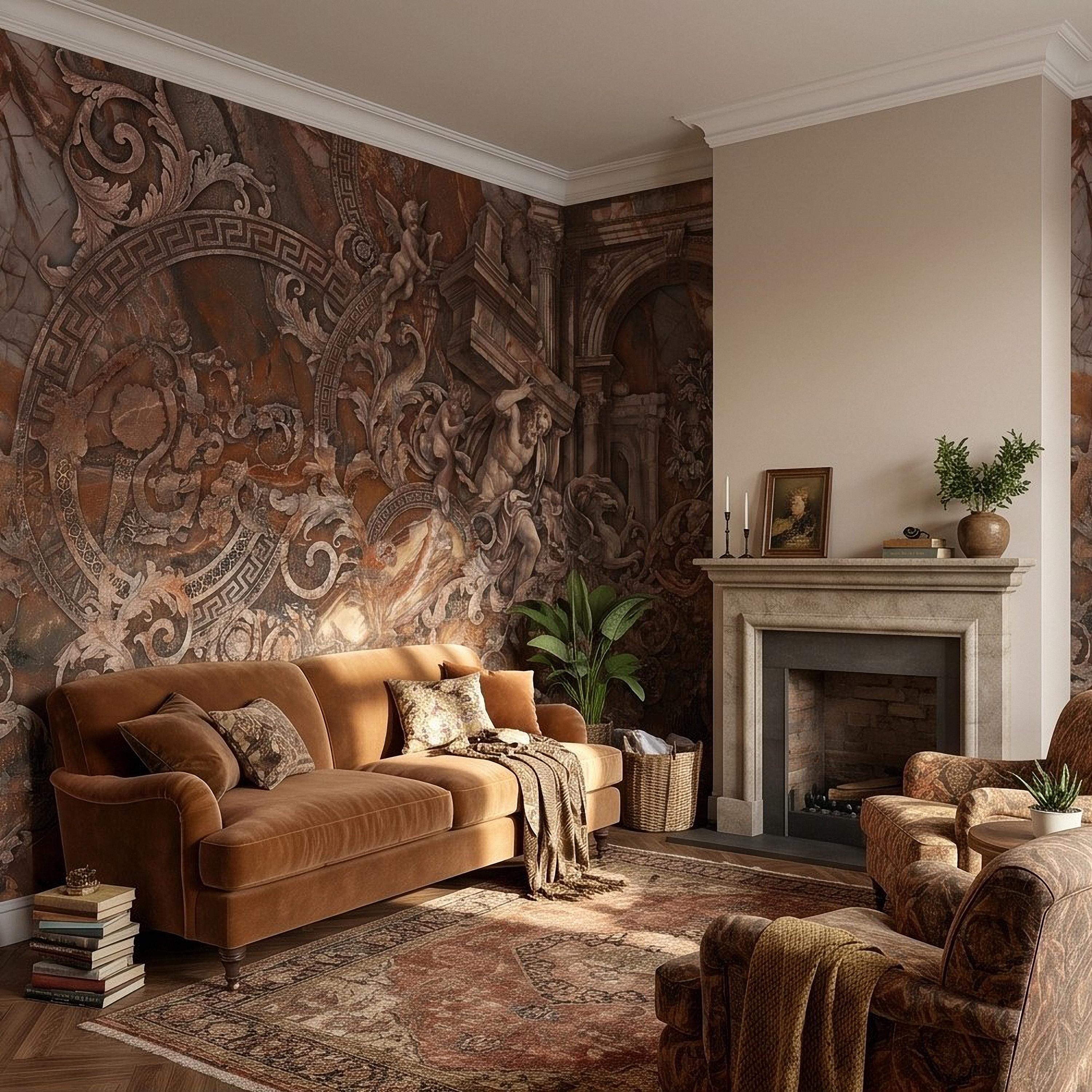 Baroque Marble Peel and Stick Wall Mural, Renaissance Mythology Sculpture, Antique Roman Architecture Wallpaper