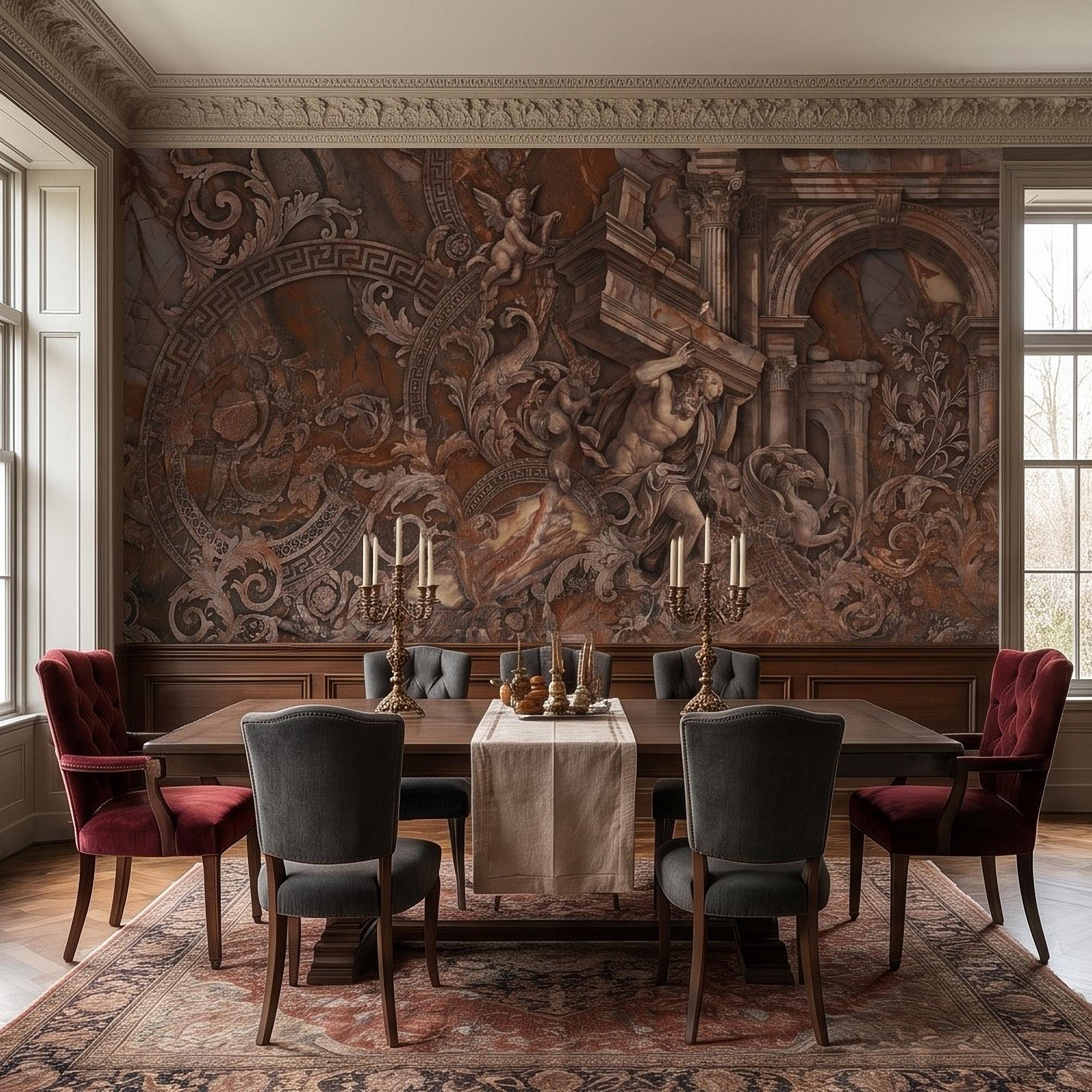 Baroque Marble Peel and Stick Wall Mural, Renaissance Mythology Sculpture, Antique Roman Architecture Wallpaper